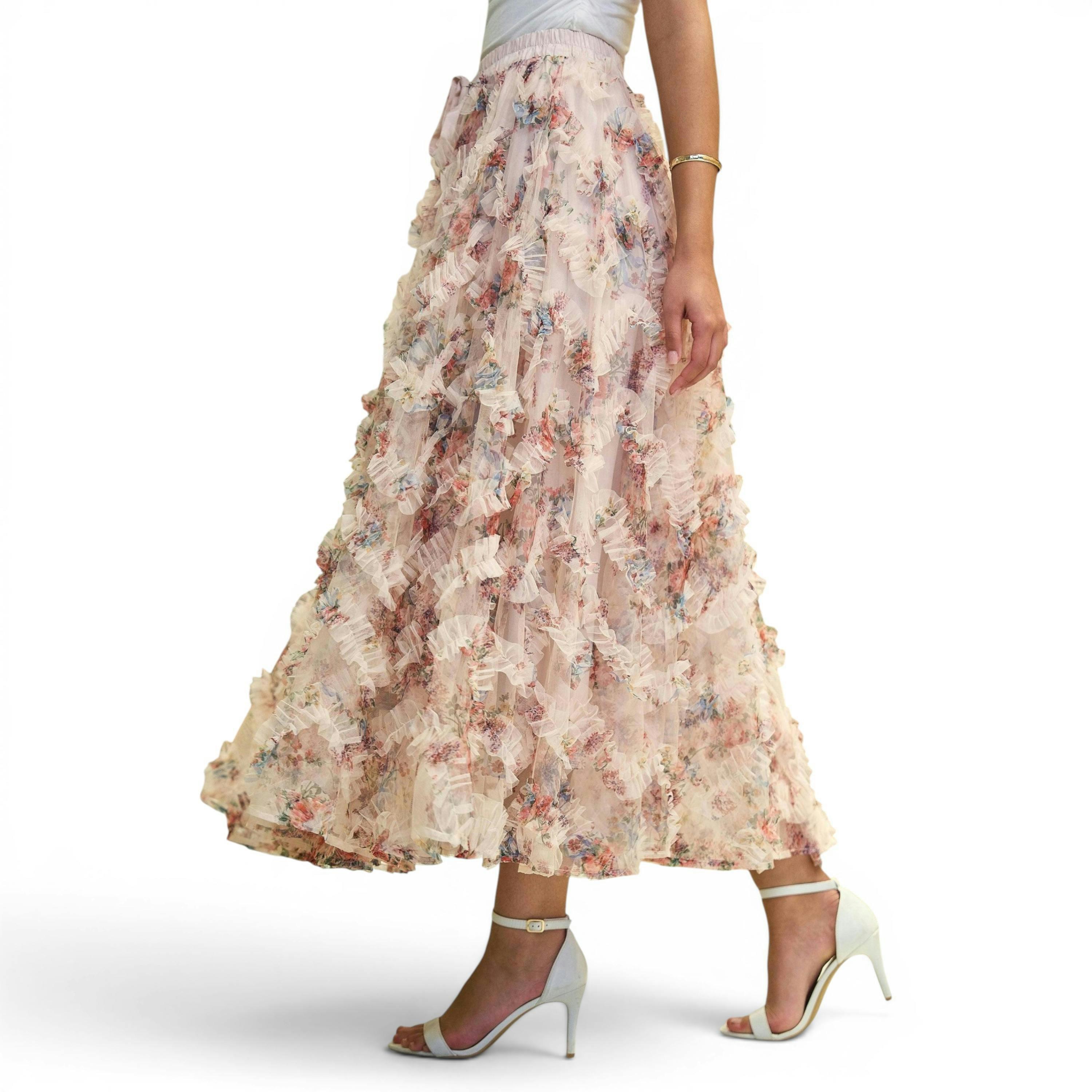 Yumi Ivory Floral Ruffle Mesh Midi Skirt , view 4 of 6