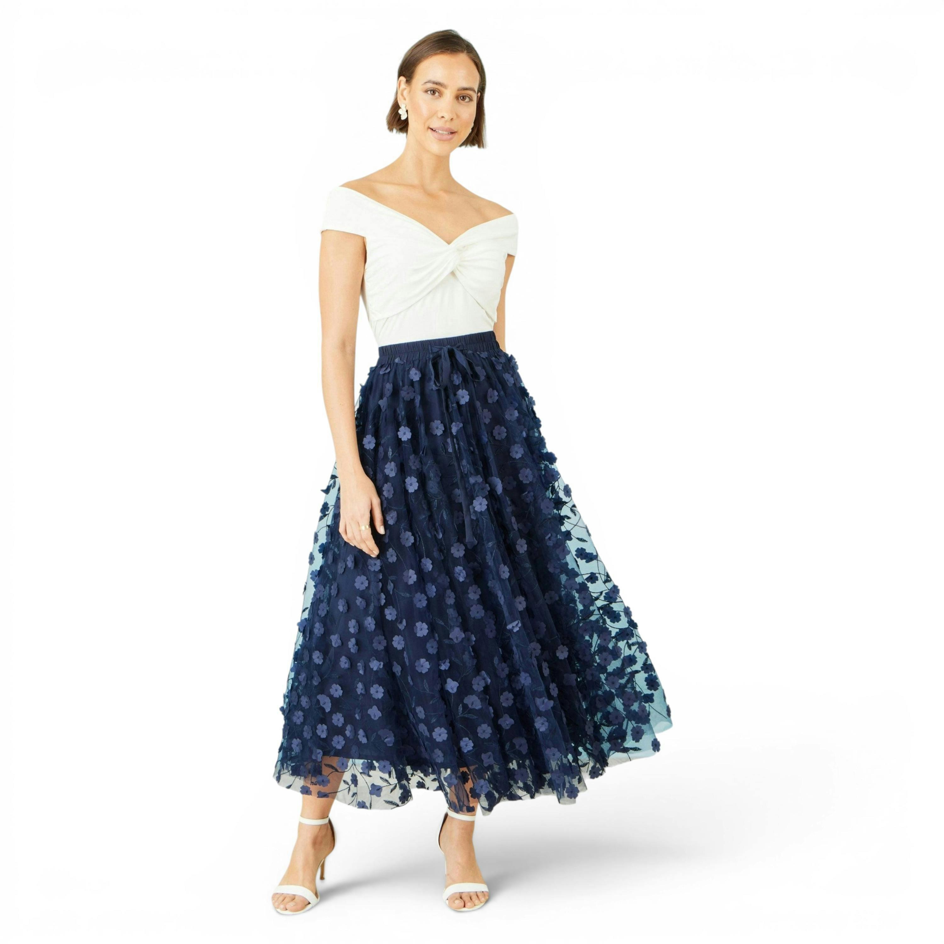 Yumi Navy Mesh Floral Applique Midi Skirt , view 1 of 6