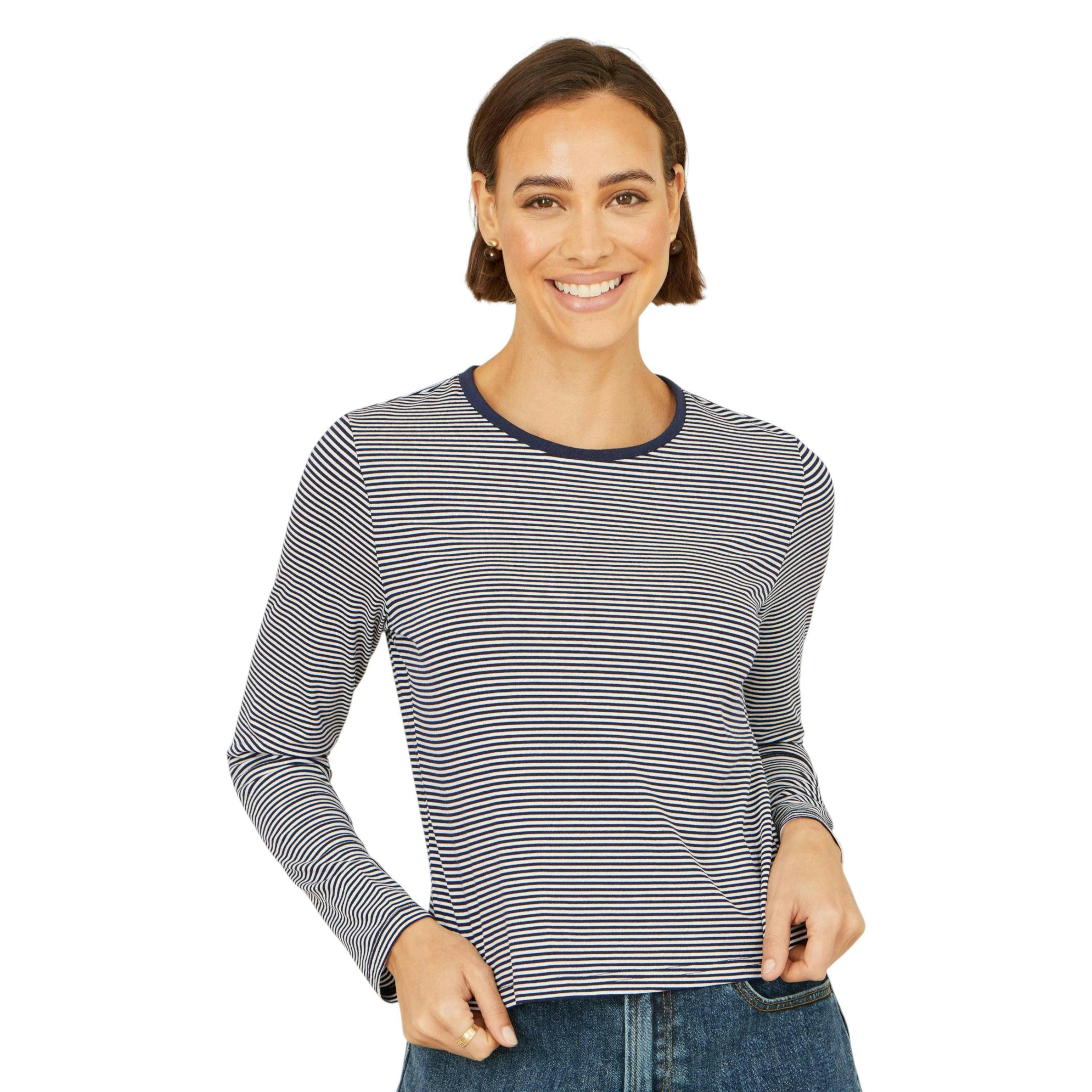 Yumi Navy Striped Jersey Long Sleeve T-Shirt , view 1 of 5