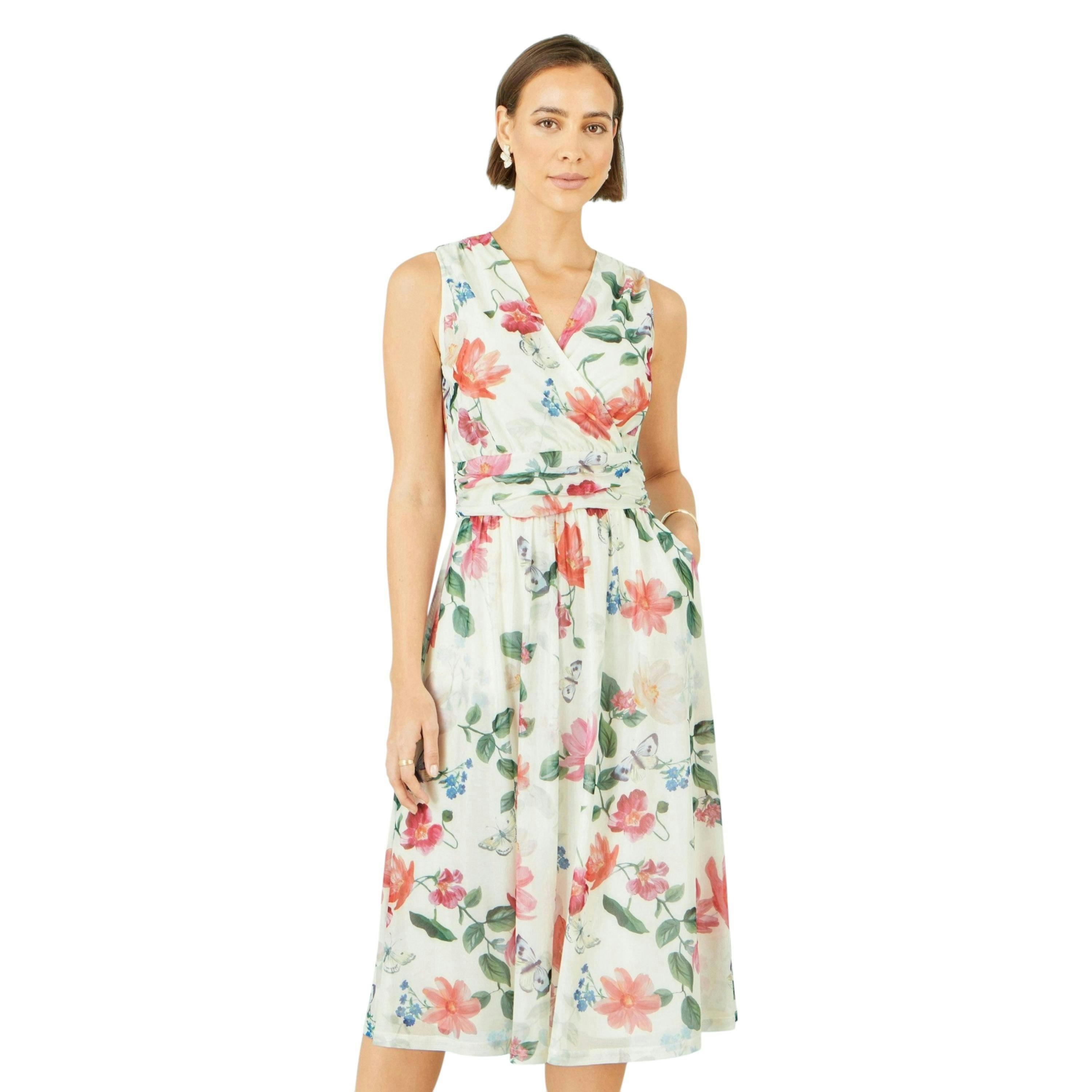 Yumi Ivory Blurred Floral Print Mesh Stretch Midi Dress With Pockets , view 1 of 6