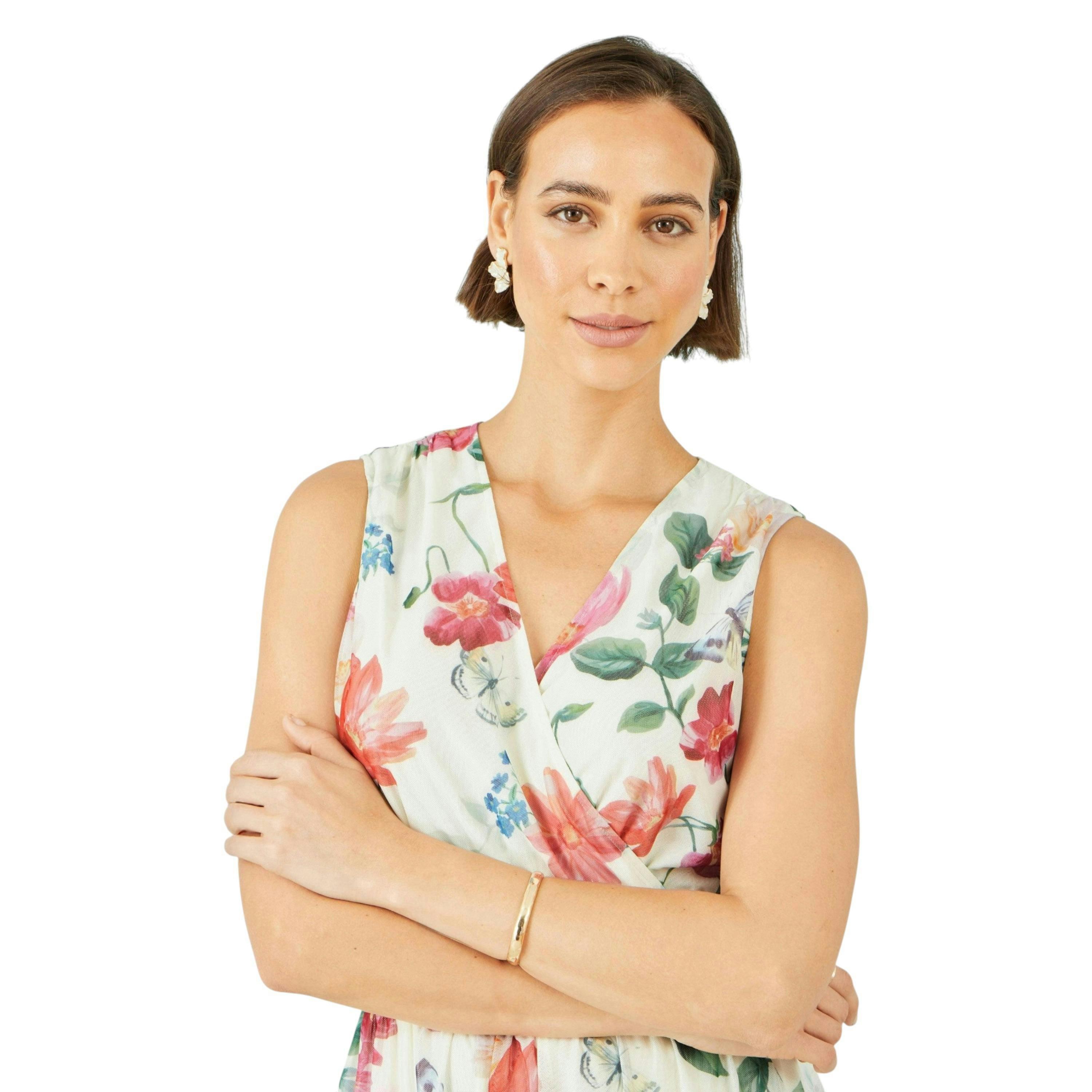 Yumi Ivory Blurred Floral Print Mesh Stretch Midi Dress With Pockets , view 2 of 6