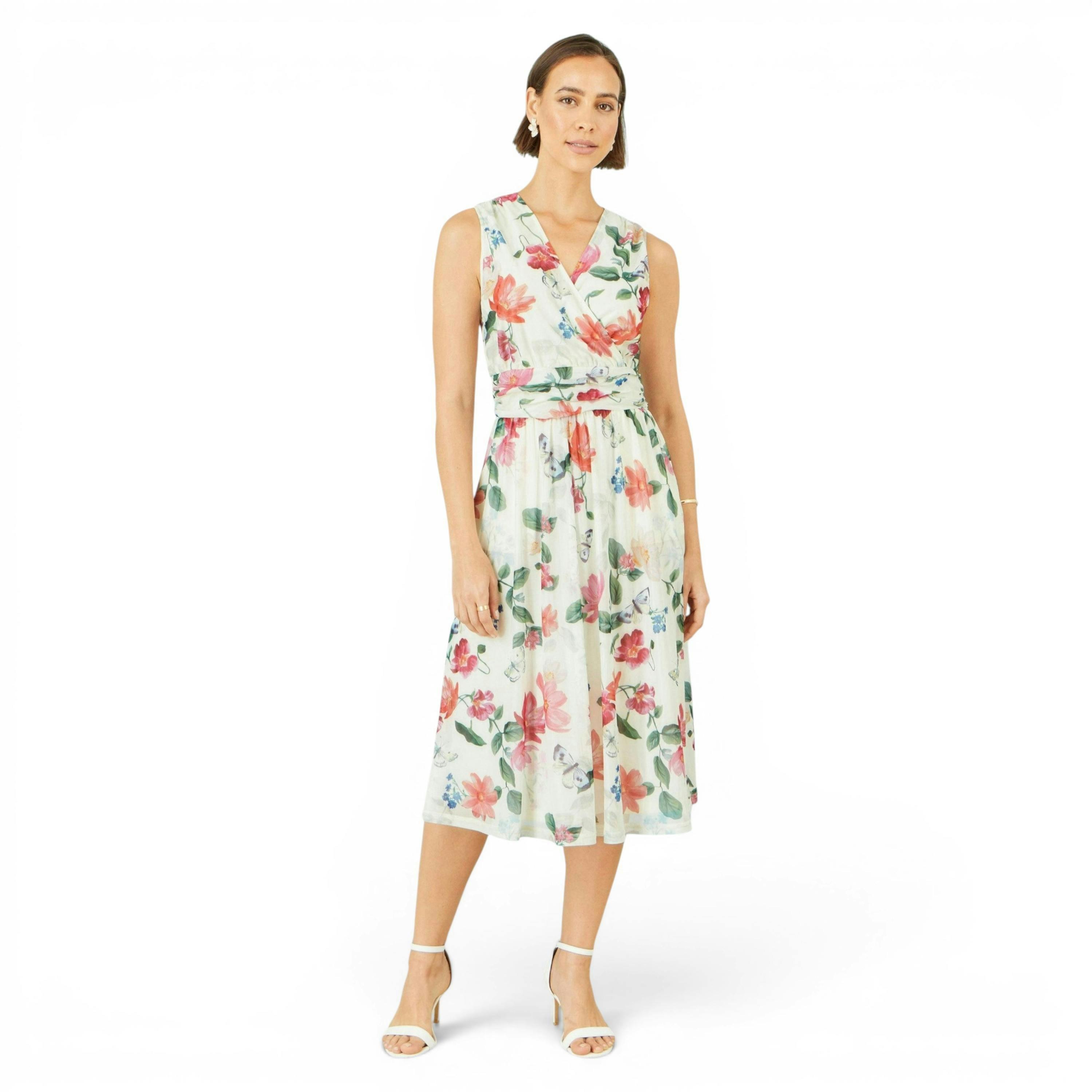 Yumi Ivory Blurred Floral Print Mesh Stretch Midi Dress With Pockets , view 3 of 6