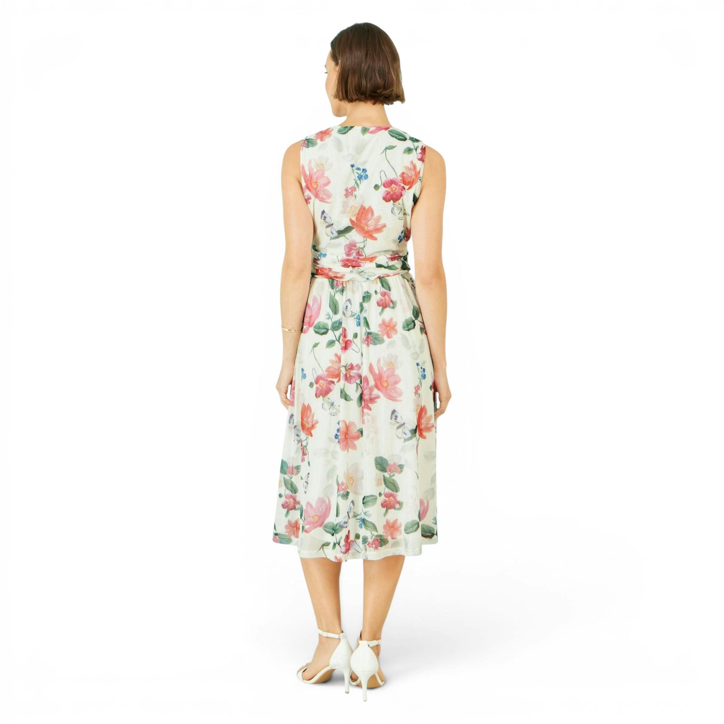 Yumi Ivory Blurred Floral Print Mesh Stretch Midi Dress With Pockets , view 5 of 6