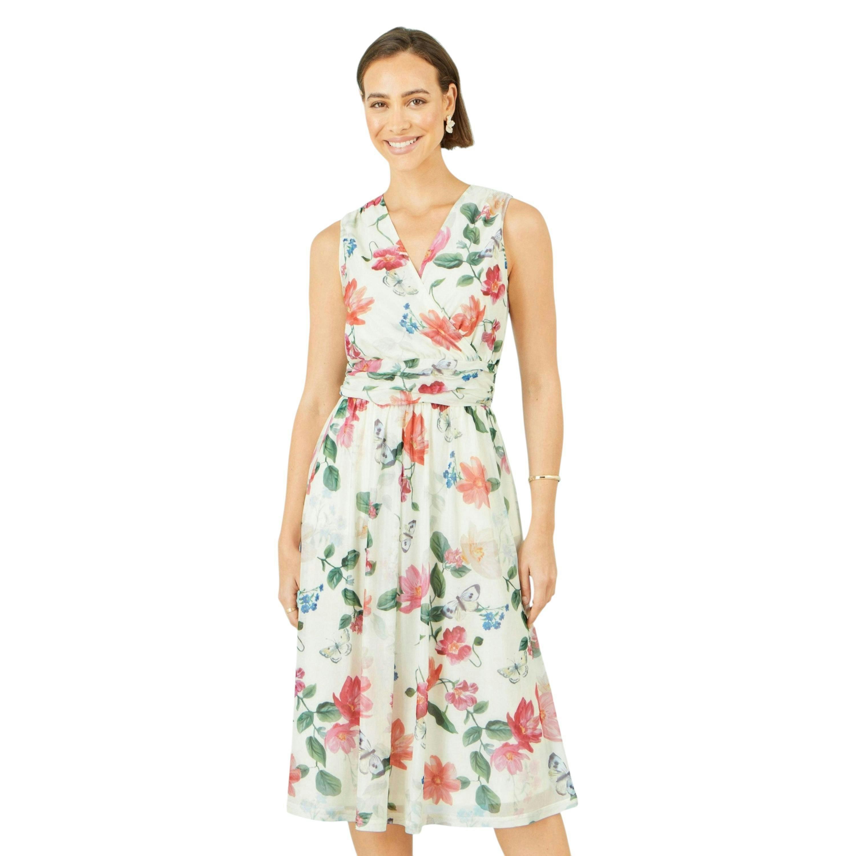 Yumi Ivory Blurred Floral Print Mesh Stretch Midi Dress With Pockets , view 6 of 6