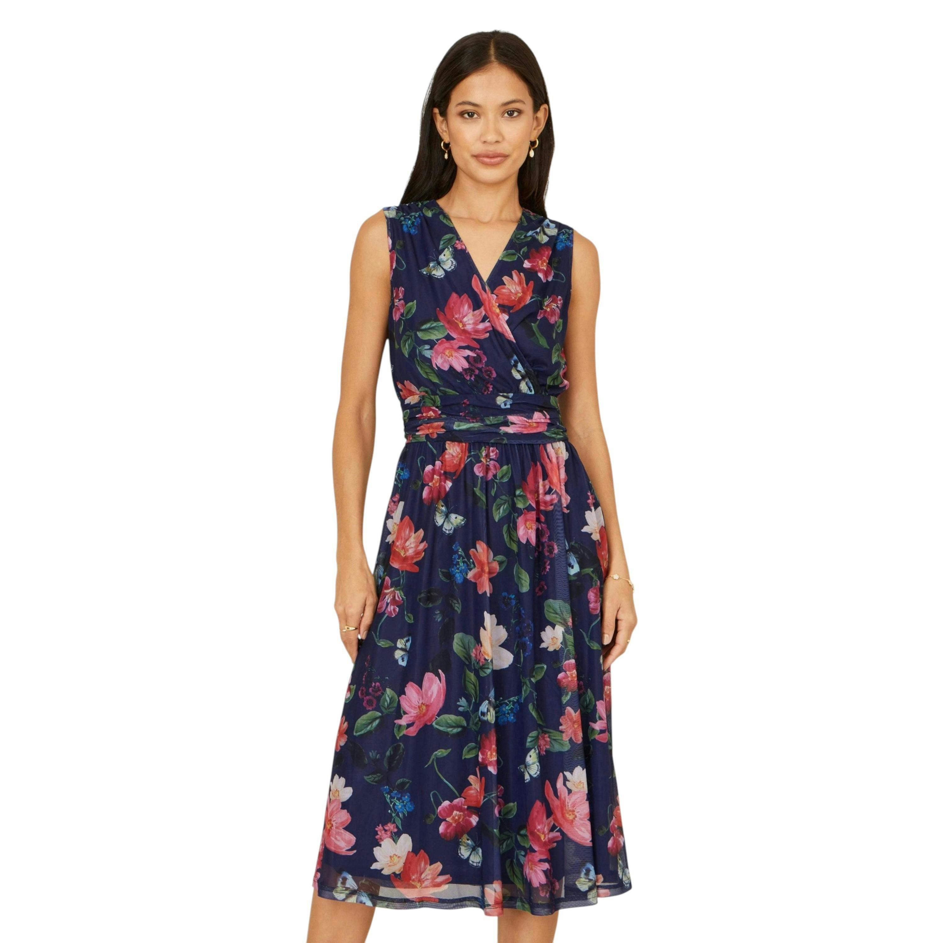 Yumi Navy Blurred Floral Print Mesh Stretch Midi Dress With Pockets , view 1 of 6