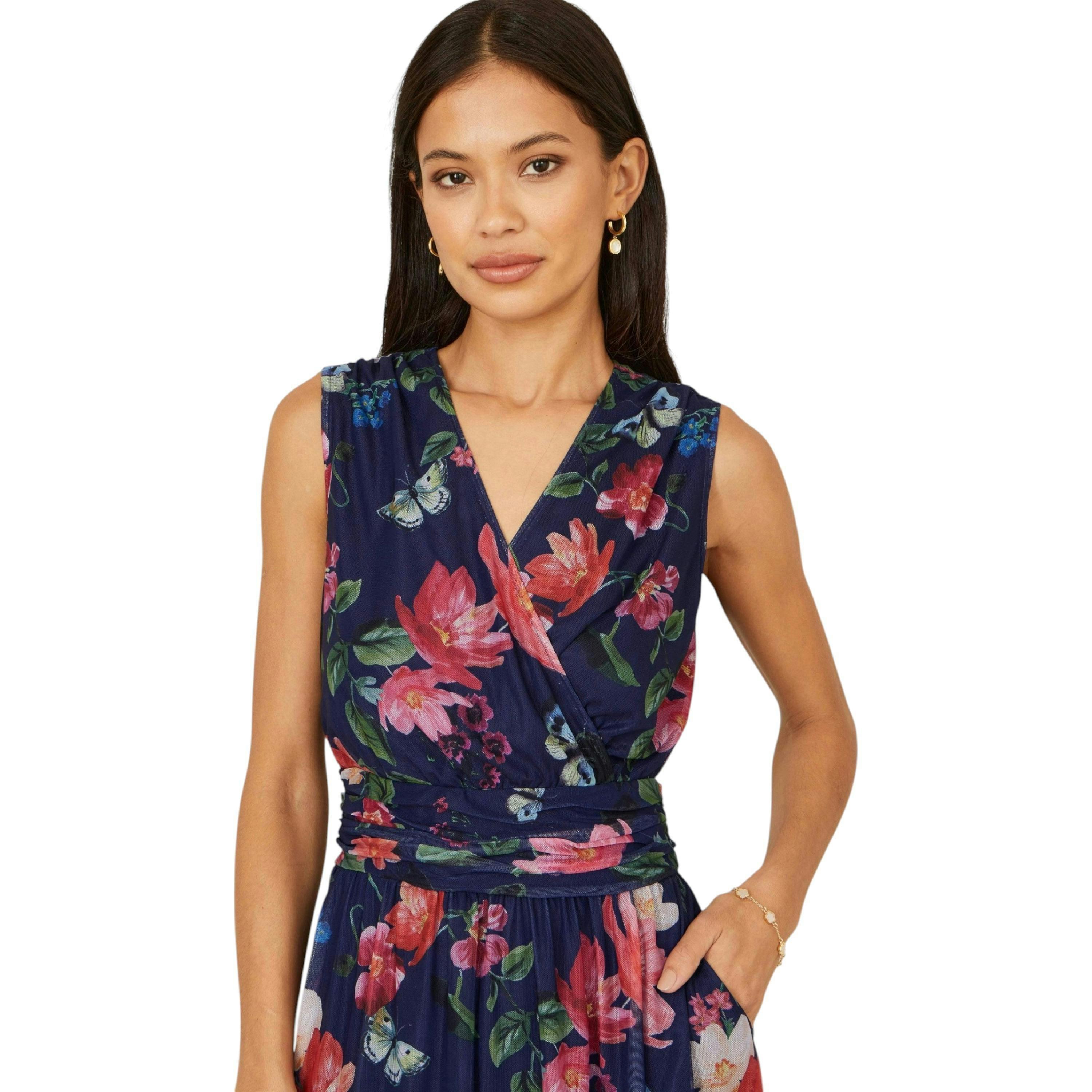 Yumi Navy Blurred Floral Print Mesh Stretch Midi Dress With Pockets , view 2 of 6