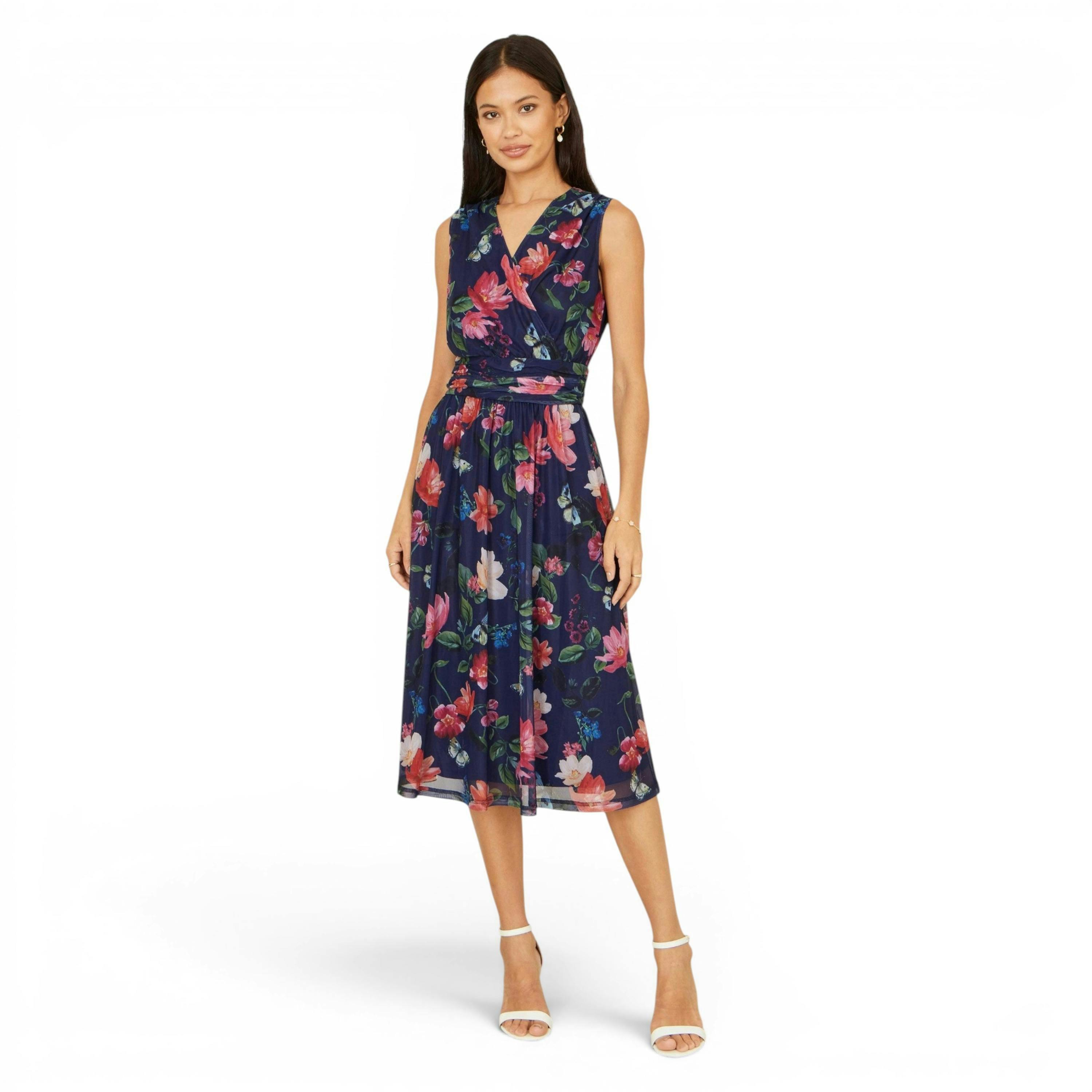 Yumi Navy Blurred Floral Print Mesh Stretch Midi Dress With Pockets , view 3 of 6