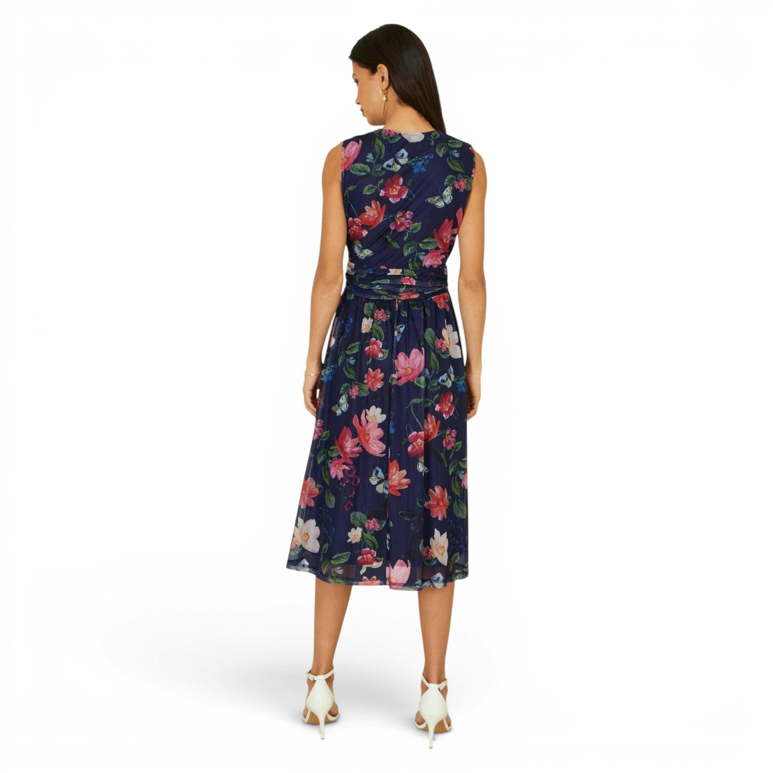 Yumi Navy Blurred Floral Print Mesh Stretch Midi Dress With Pockets , view 4 of 6