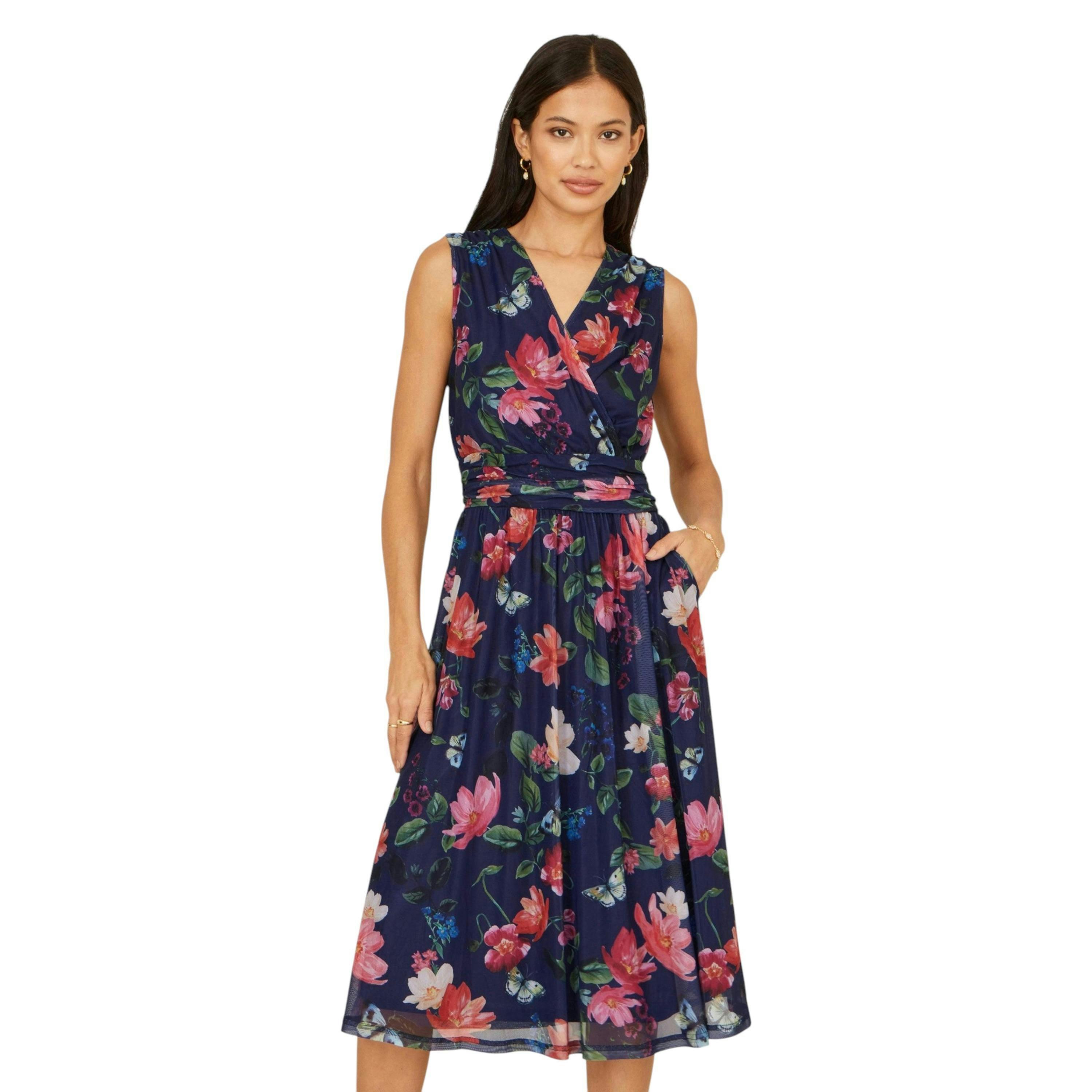 Yumi Navy Blurred Floral Print Mesh Stretch Midi Dress With Pockets , view 5 of 6
