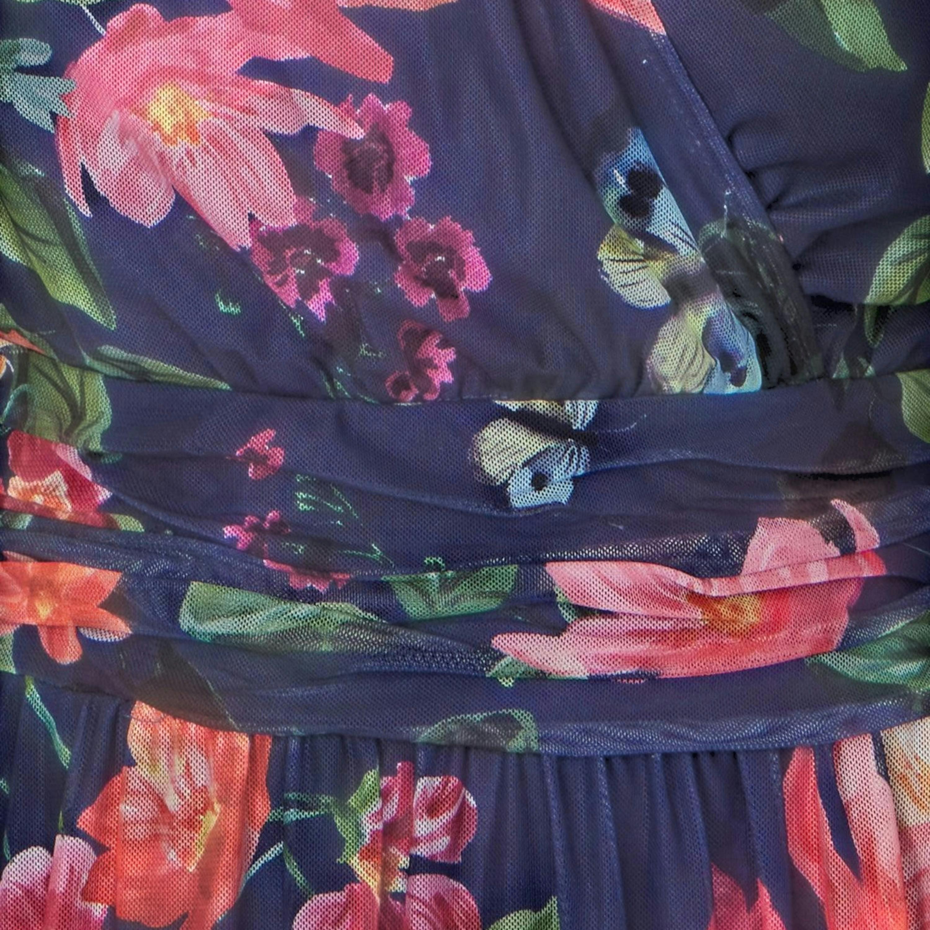 Yumi Navy Blurred Floral Print Mesh Stretch Midi Dress With Pockets , view 6 of 6