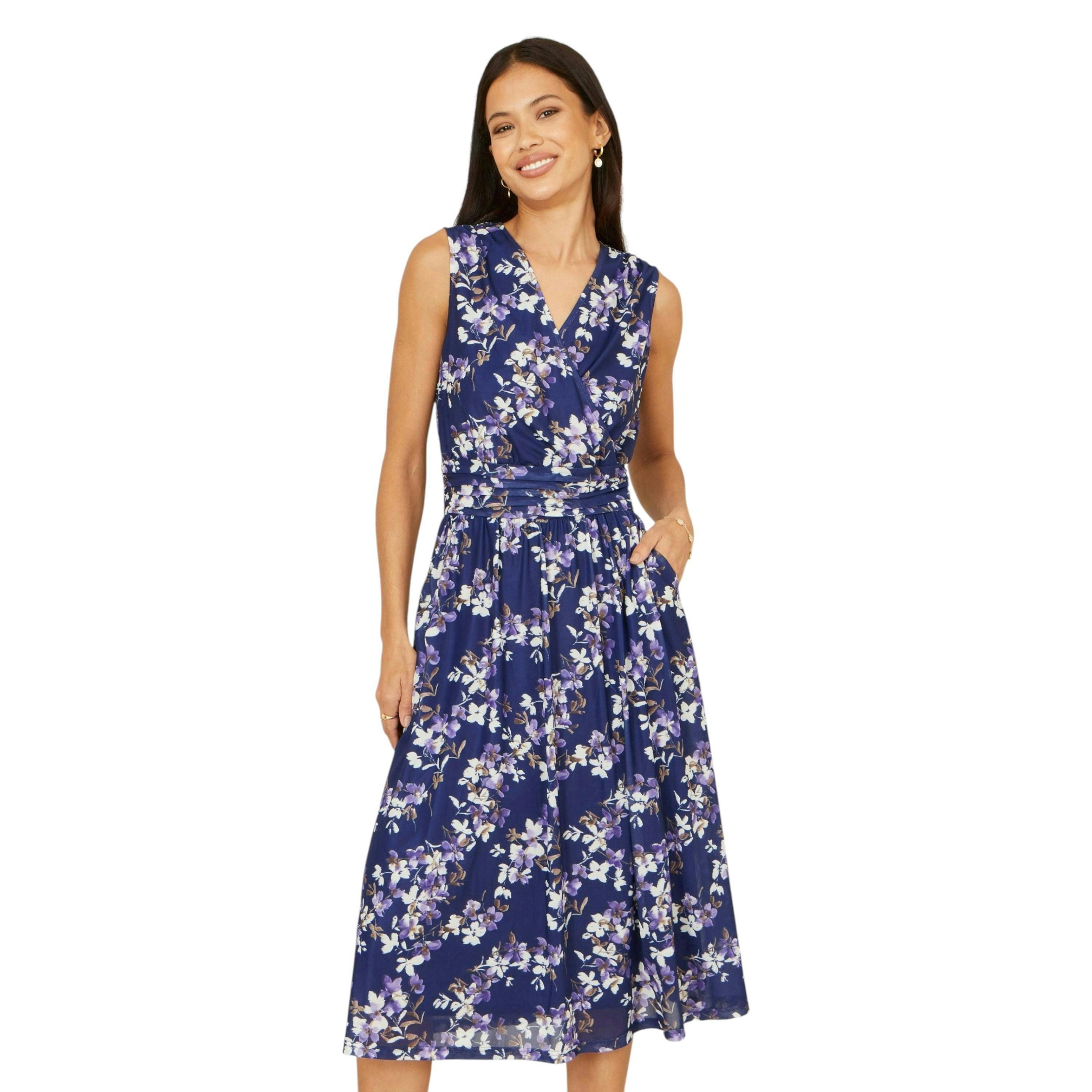 Yumi Navy Blossom Print Mesh Stretch Midi Dress With Pockets , view 1 of 6
