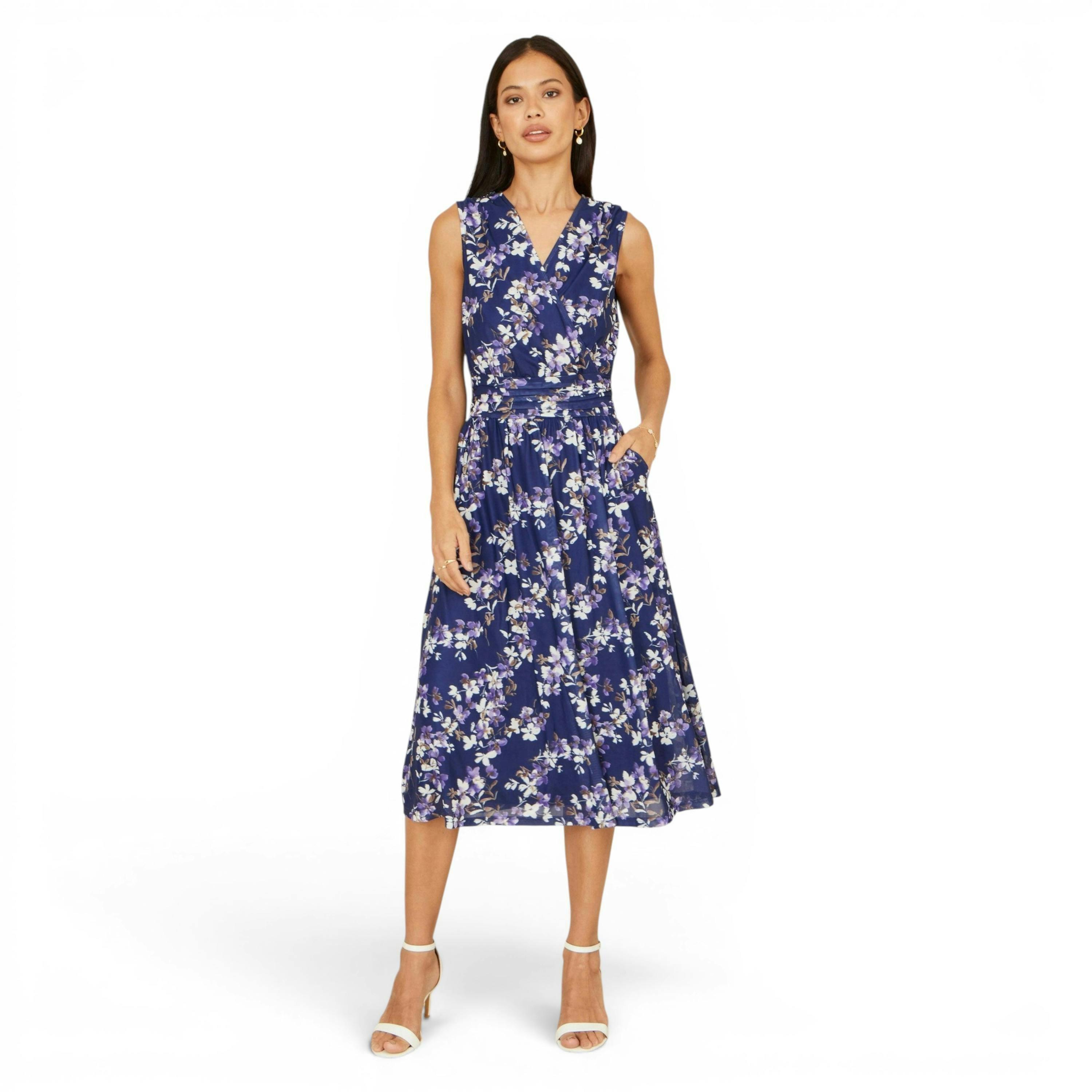 Yumi Navy Blossom Print Mesh Stretch Midi Dress With Pockets , view 3 of 6