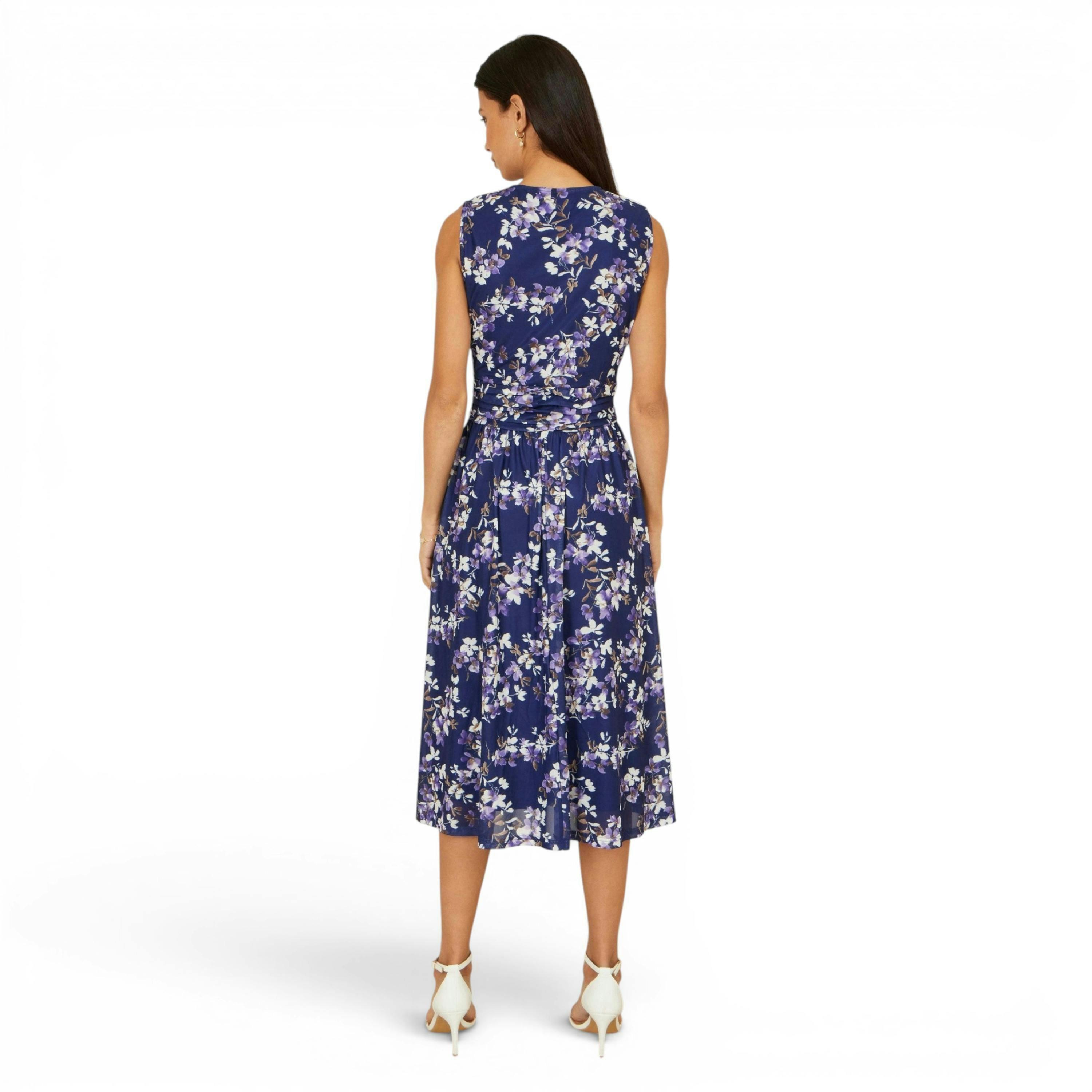 Yumi Navy Blossom Print Mesh Stretch Midi Dress With Pockets , view 4 of 6