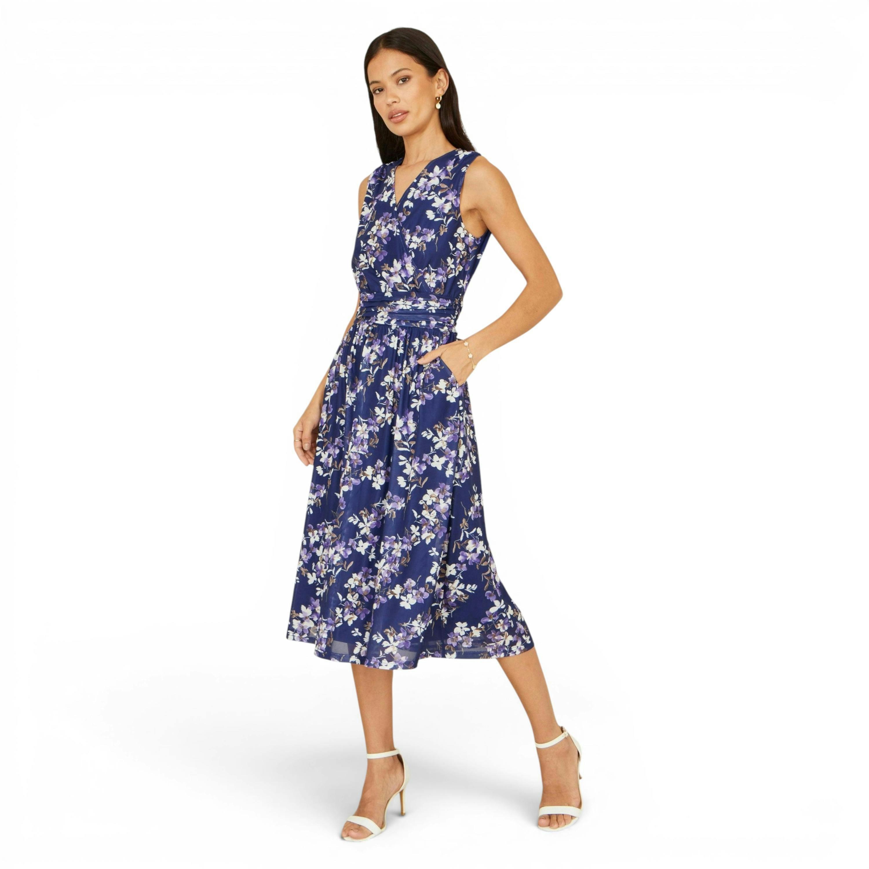 Yumi Navy Blossom Print Mesh Stretch Midi Dress With Pockets , view 5 of 6