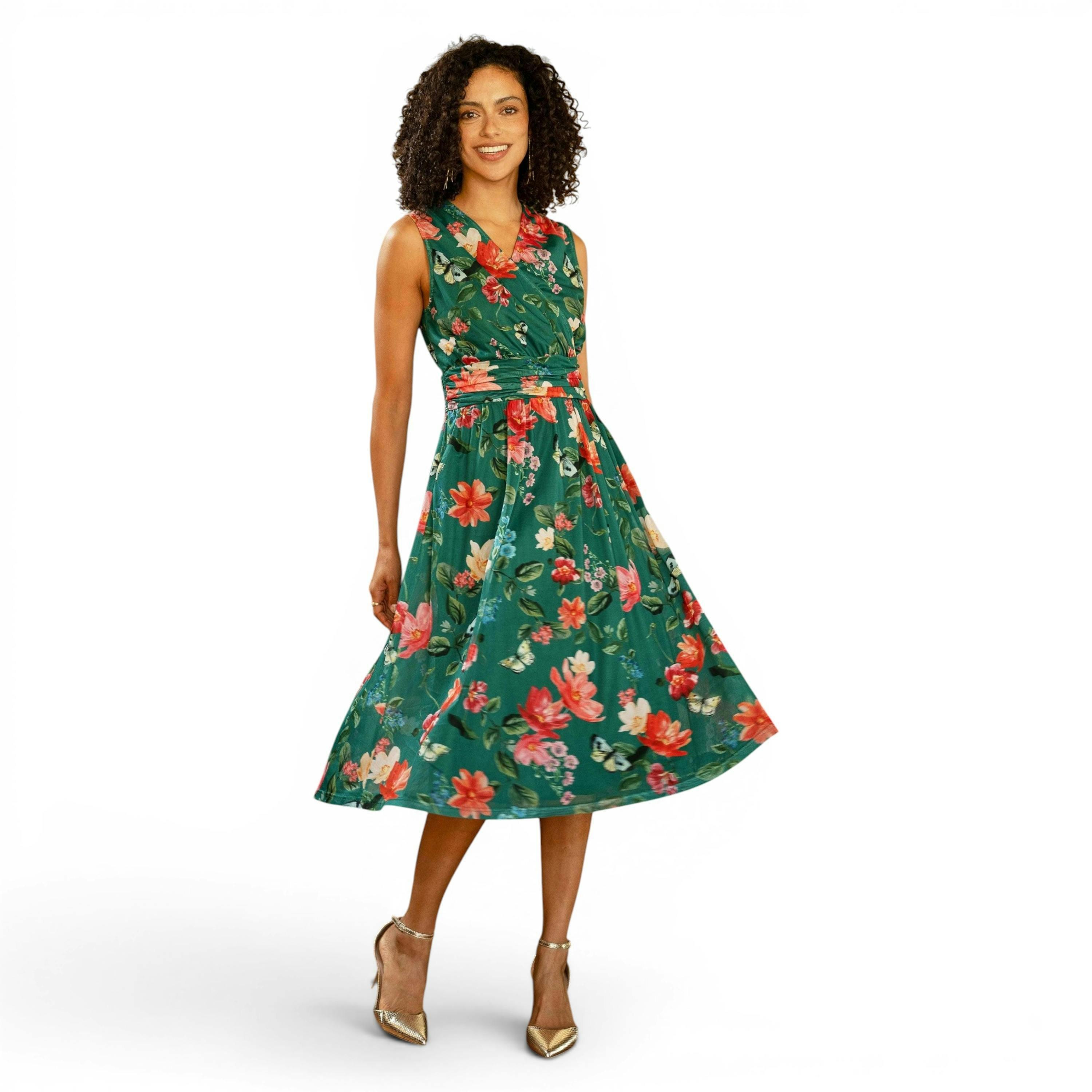 Yumi Green Blurred Floral Print Mesh Stretch Midi Dress With Pockets , view 1 of 6