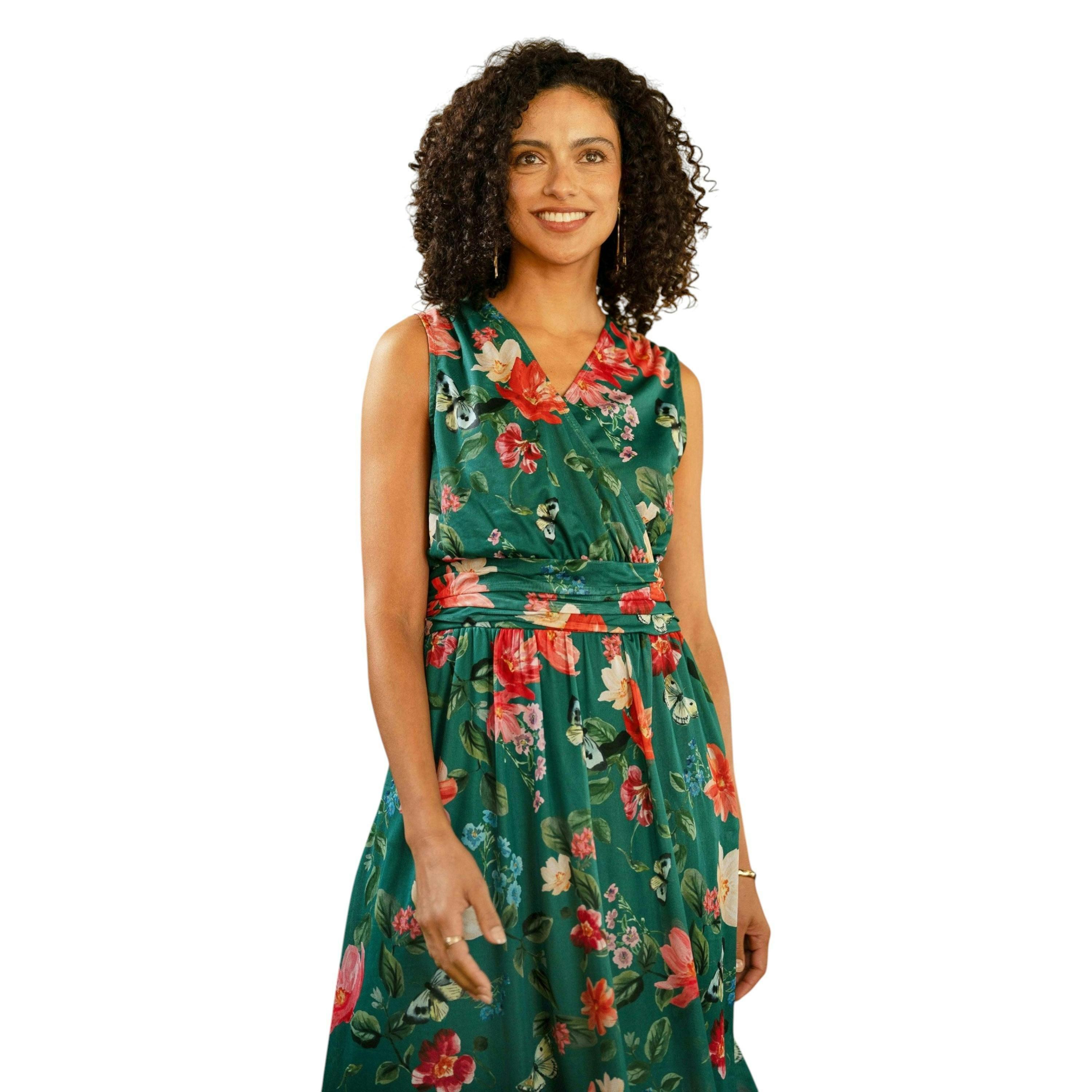 Yumi Green Blurred Floral Print Mesh Stretch Midi Dress With Pockets , view 2 of 6