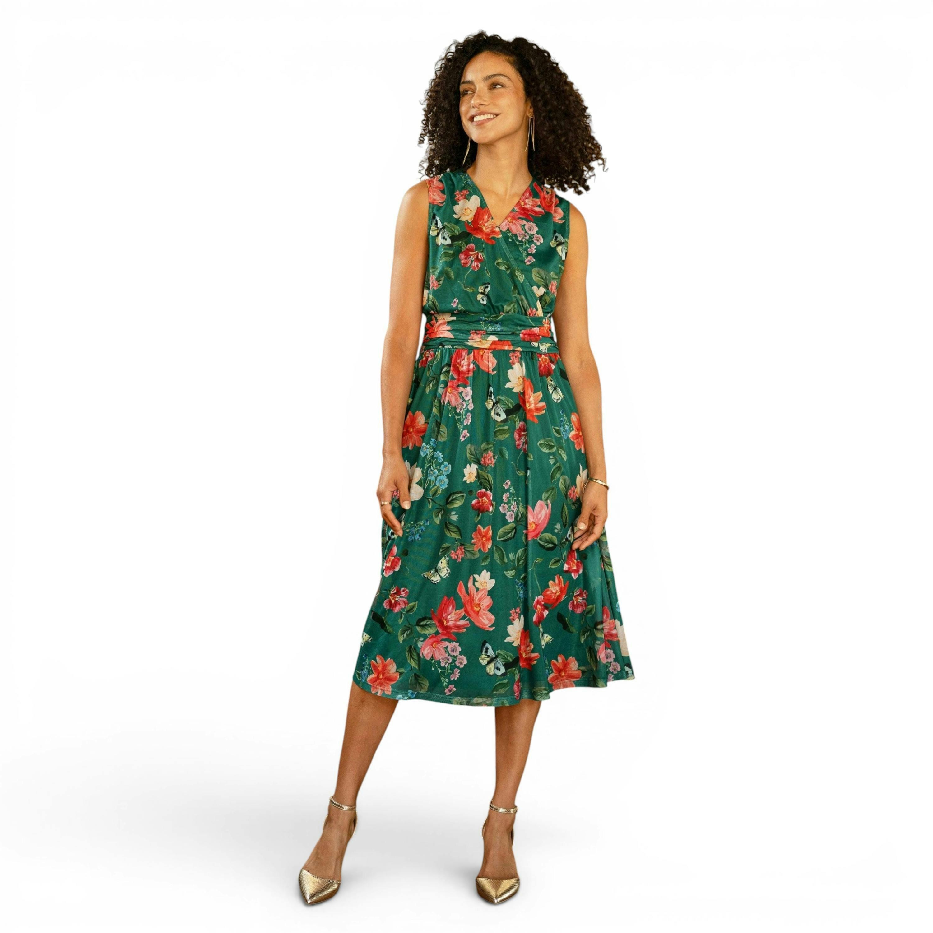 Yumi Green Blurred Floral Print Mesh Stretch Midi Dress With Pockets , view 3 of 6