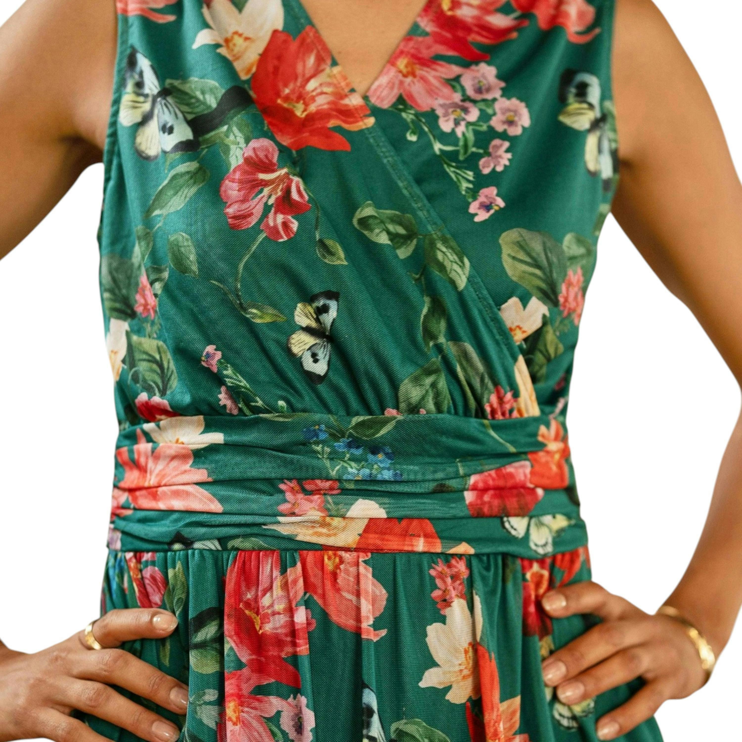 Yumi Green Blurred Floral Print Mesh Stretch Midi Dress With Pockets , view 4 of 6
