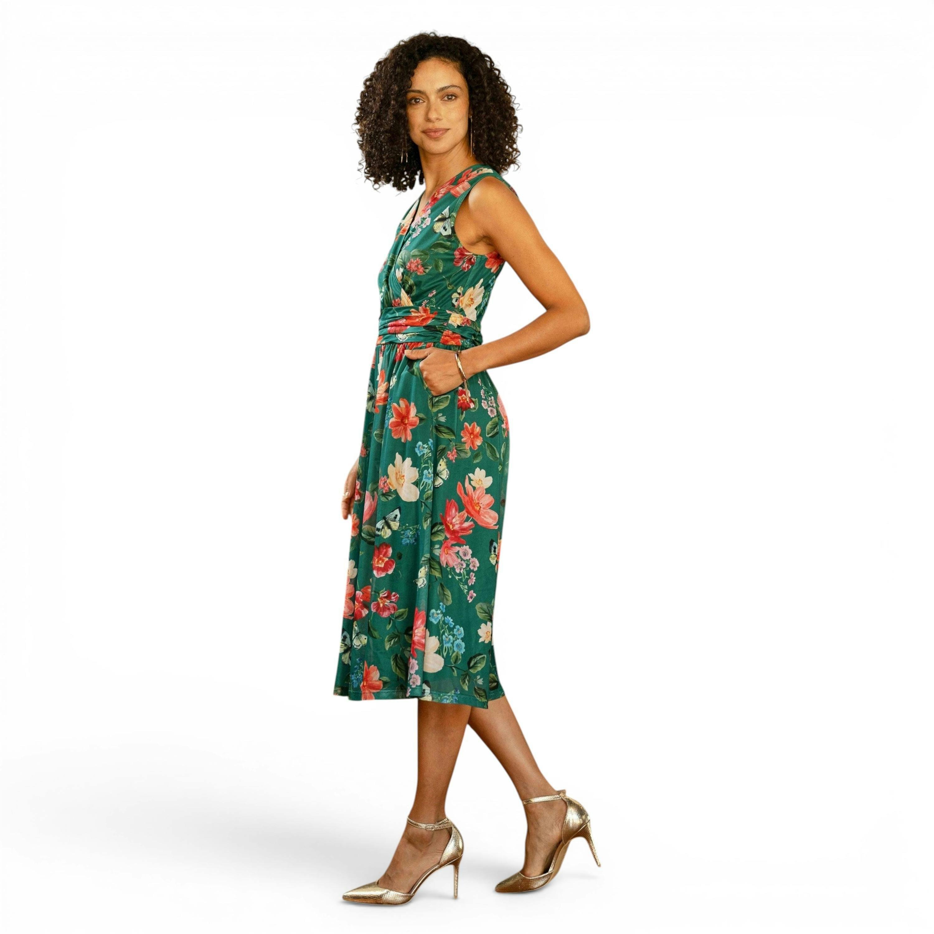 Yumi Green Blurred Floral Print Mesh Stretch Midi Dress With Pockets , view 5 of 6