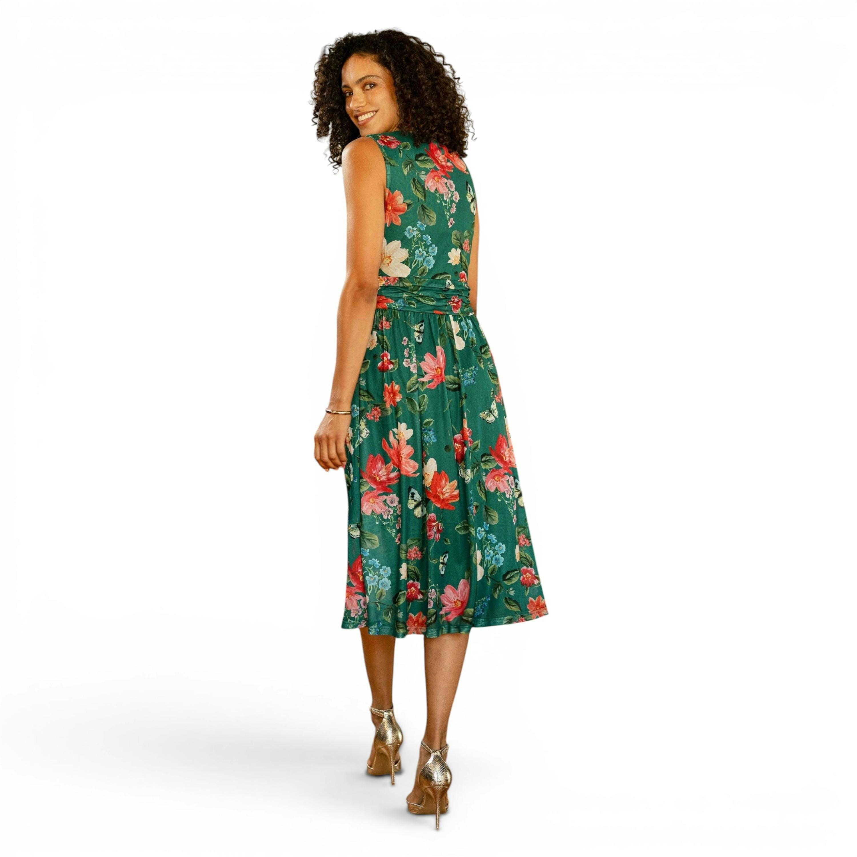Yumi Green Blurred Floral Print Mesh Stretch Midi Dress With Pockets , view 6 of 6