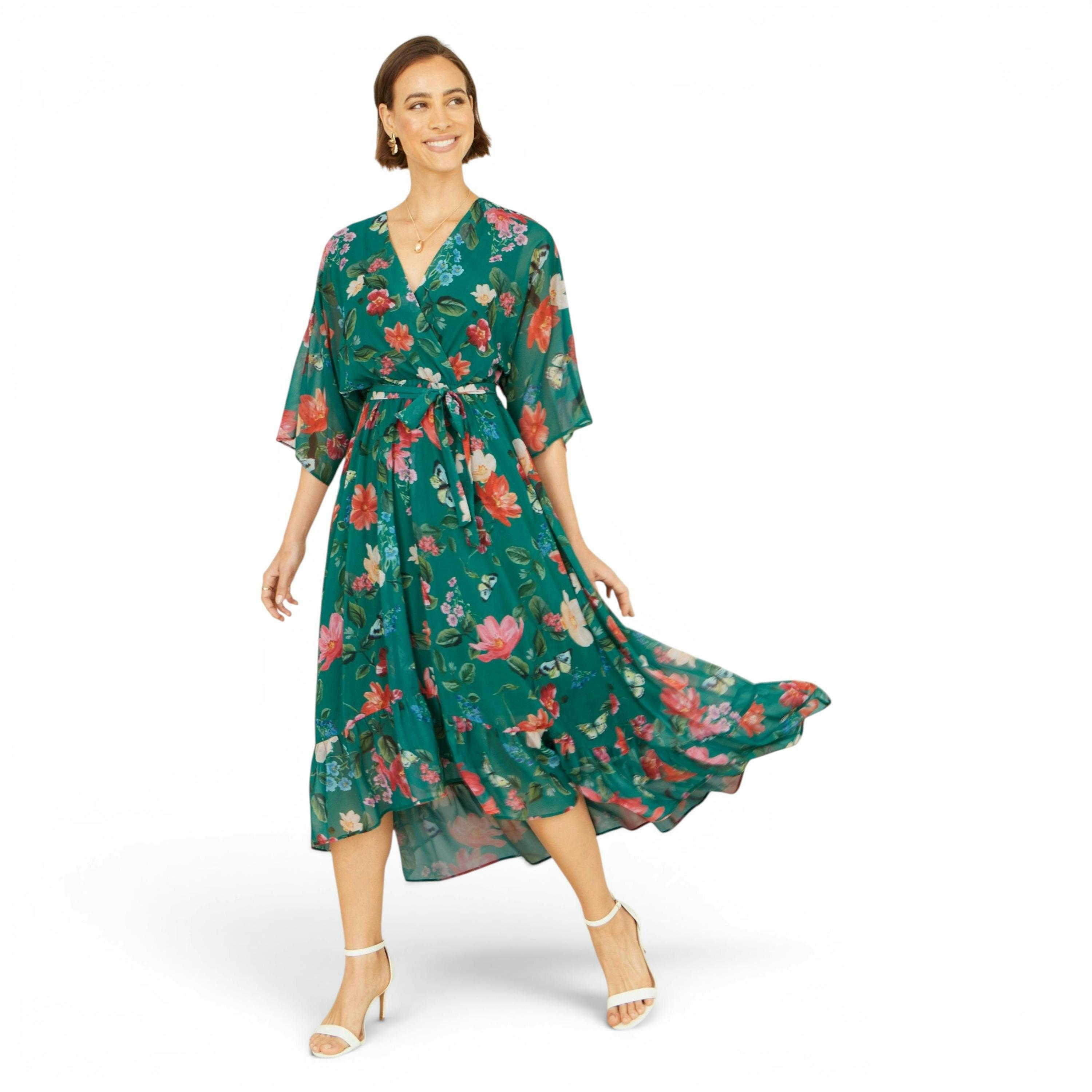 Yumi Green Floral Kimono Wrap Dress With Dip Hem , view 1 of 6