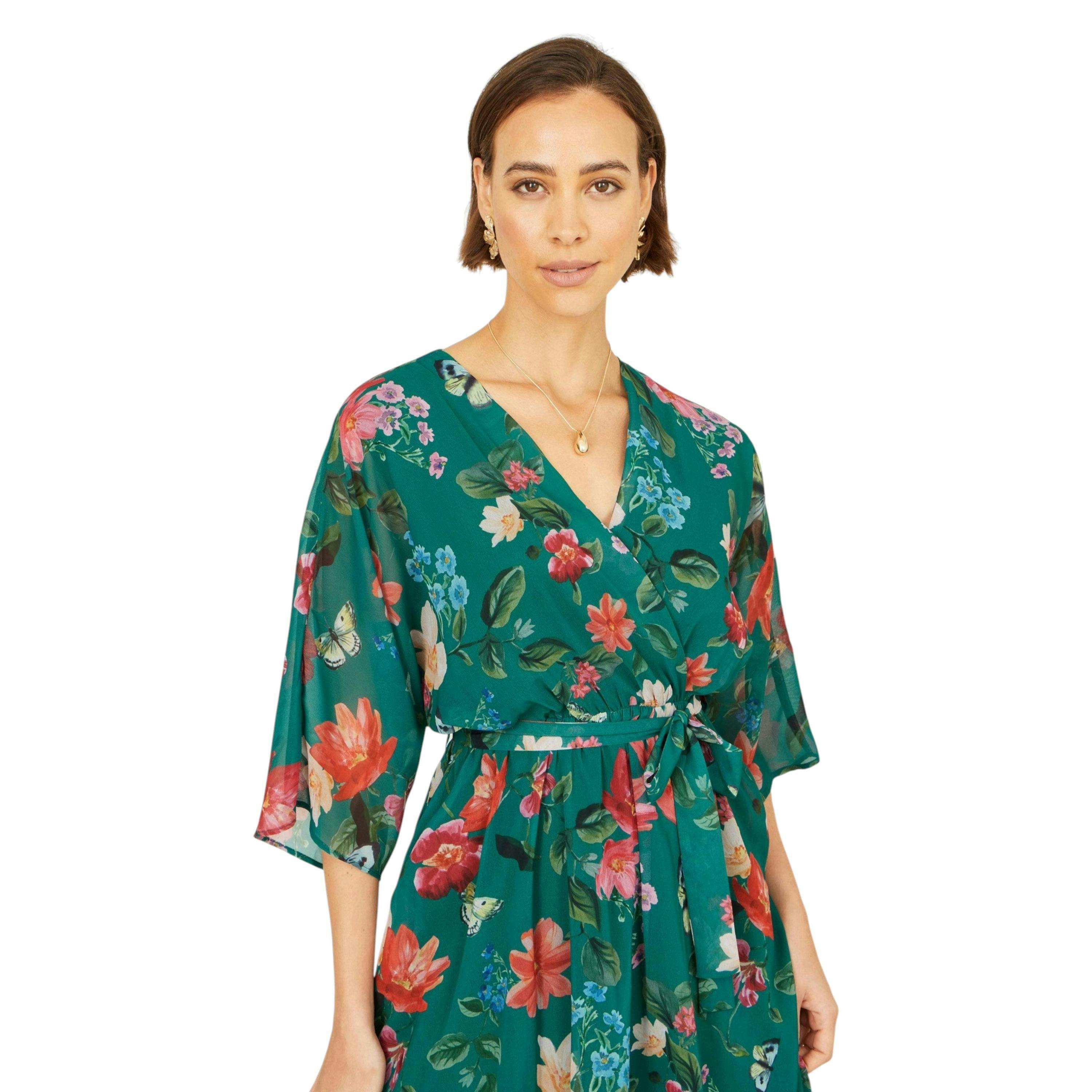 Yumi Green Floral Kimono Wrap Dress With Dip Hem , view 2 of 6