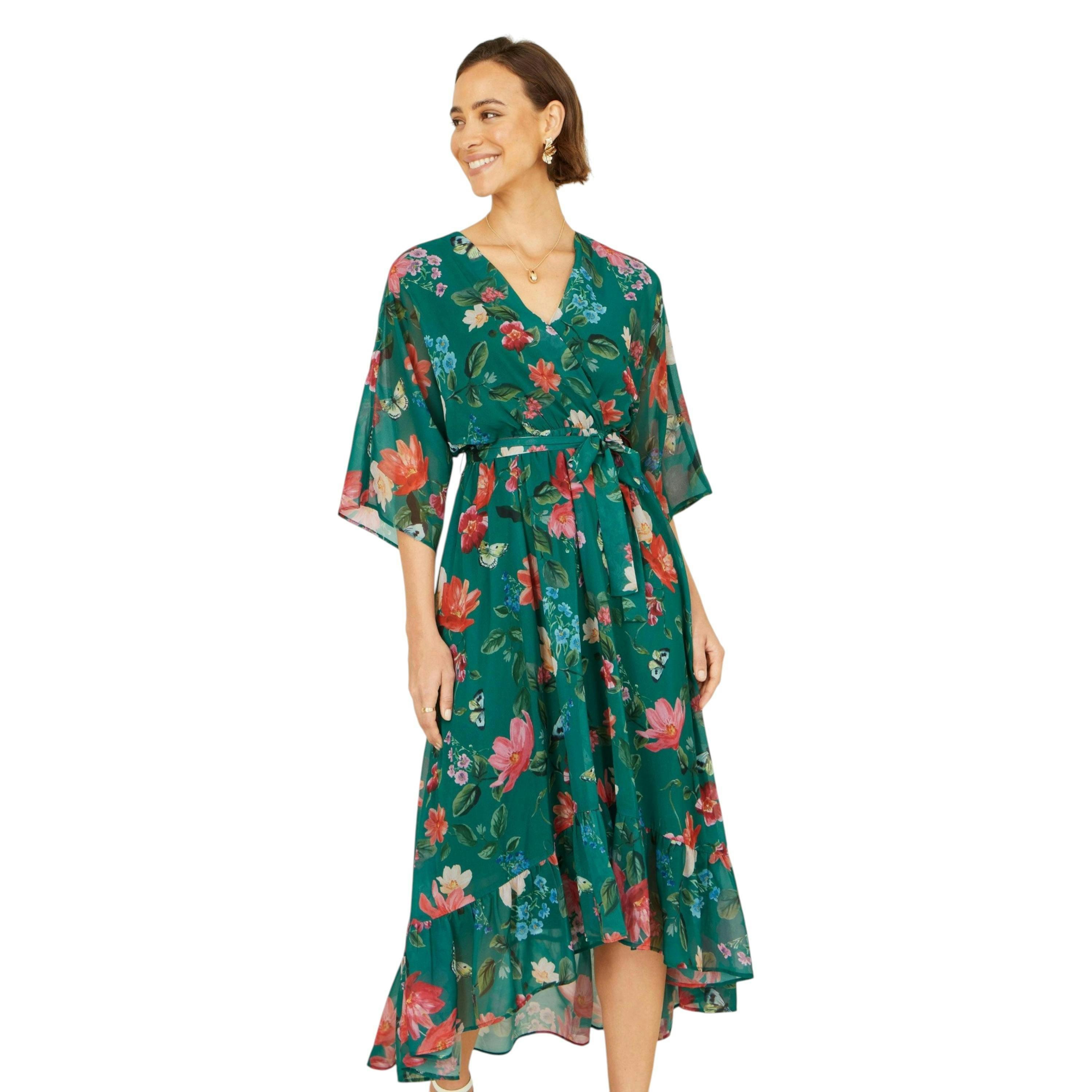 Yumi Green Floral Kimono Wrap Dress With Dip Hem , view 3 of 6