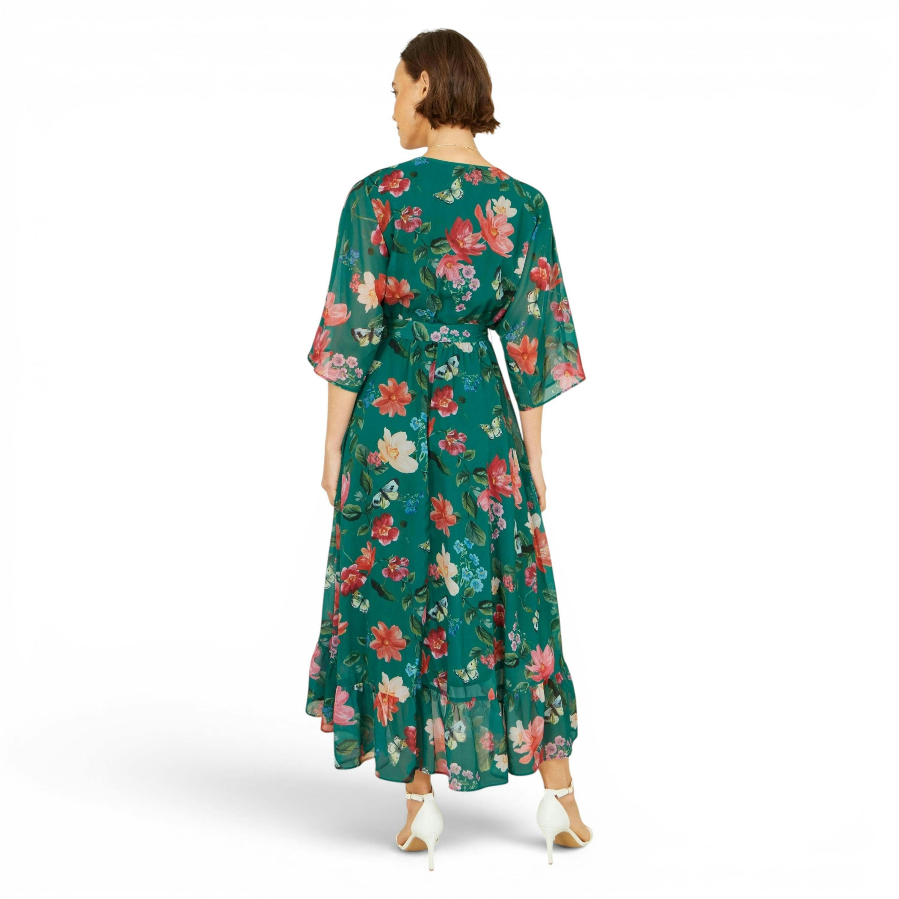 Yumi Green Floral Kimono Wrap Dress With Dip Hem , view 4 of 6