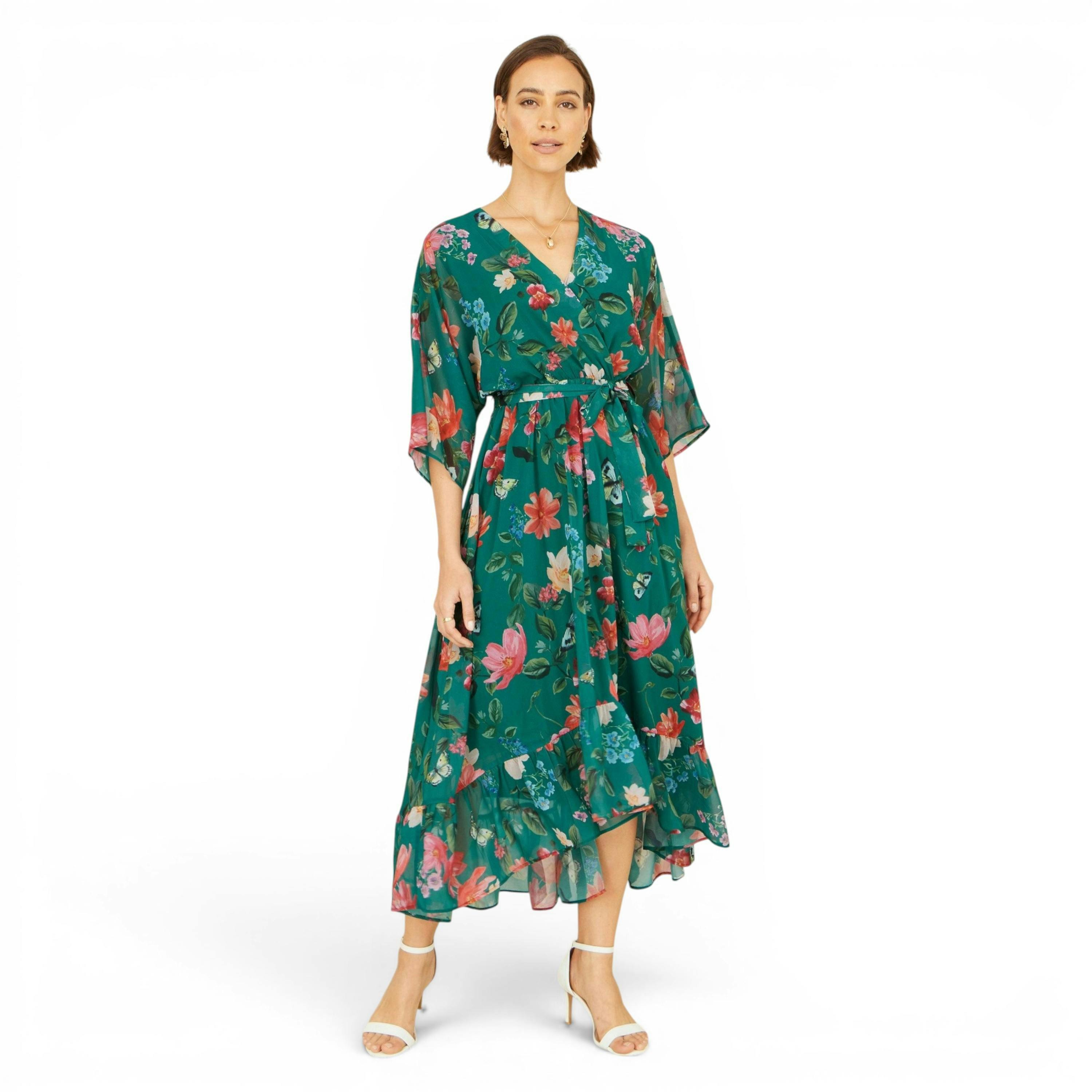 Yumi Green Floral Kimono Wrap Dress With Dip Hem , view 5 of 6