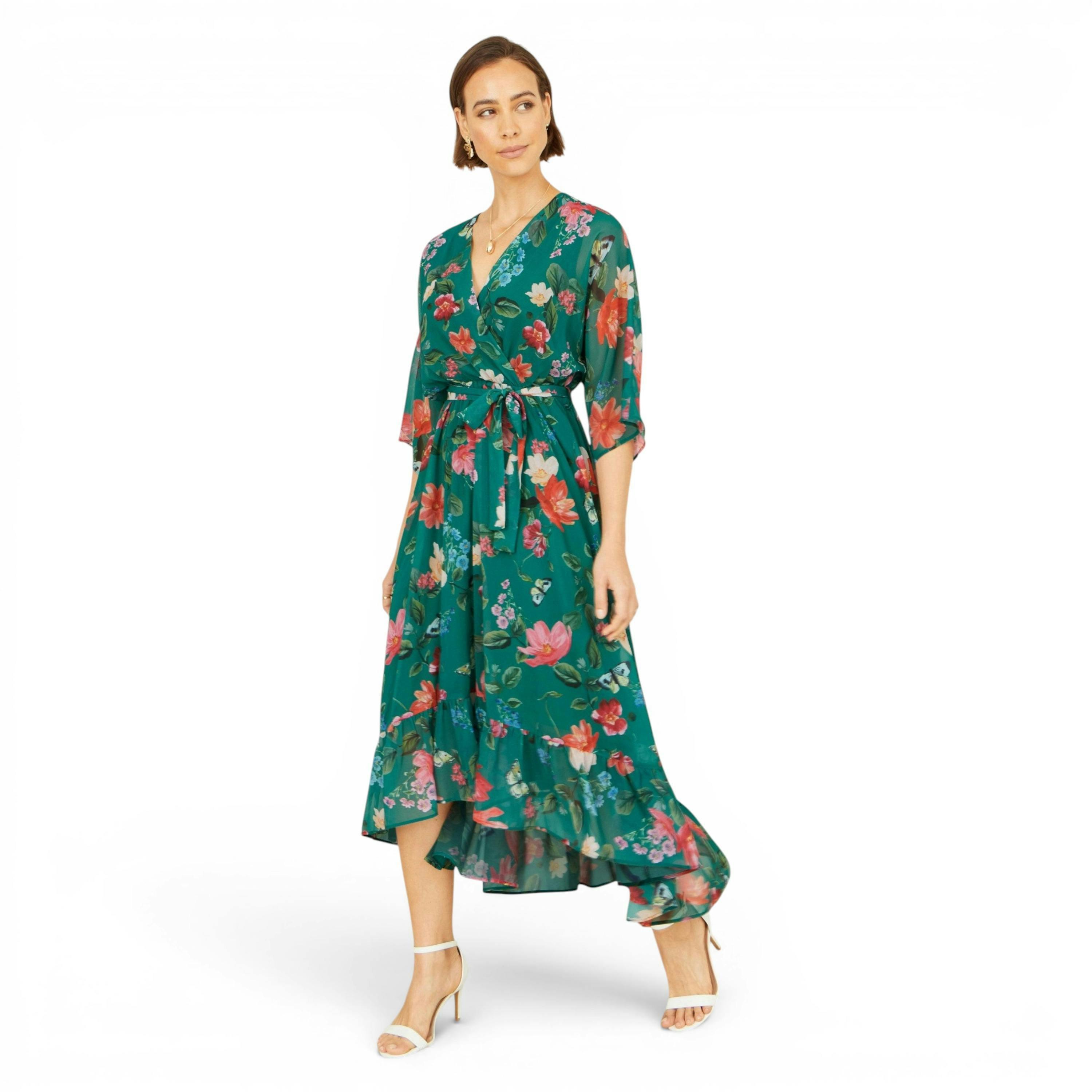 Yumi Green Floral Kimono Wrap Dress With Dip Hem , view 6 of 6