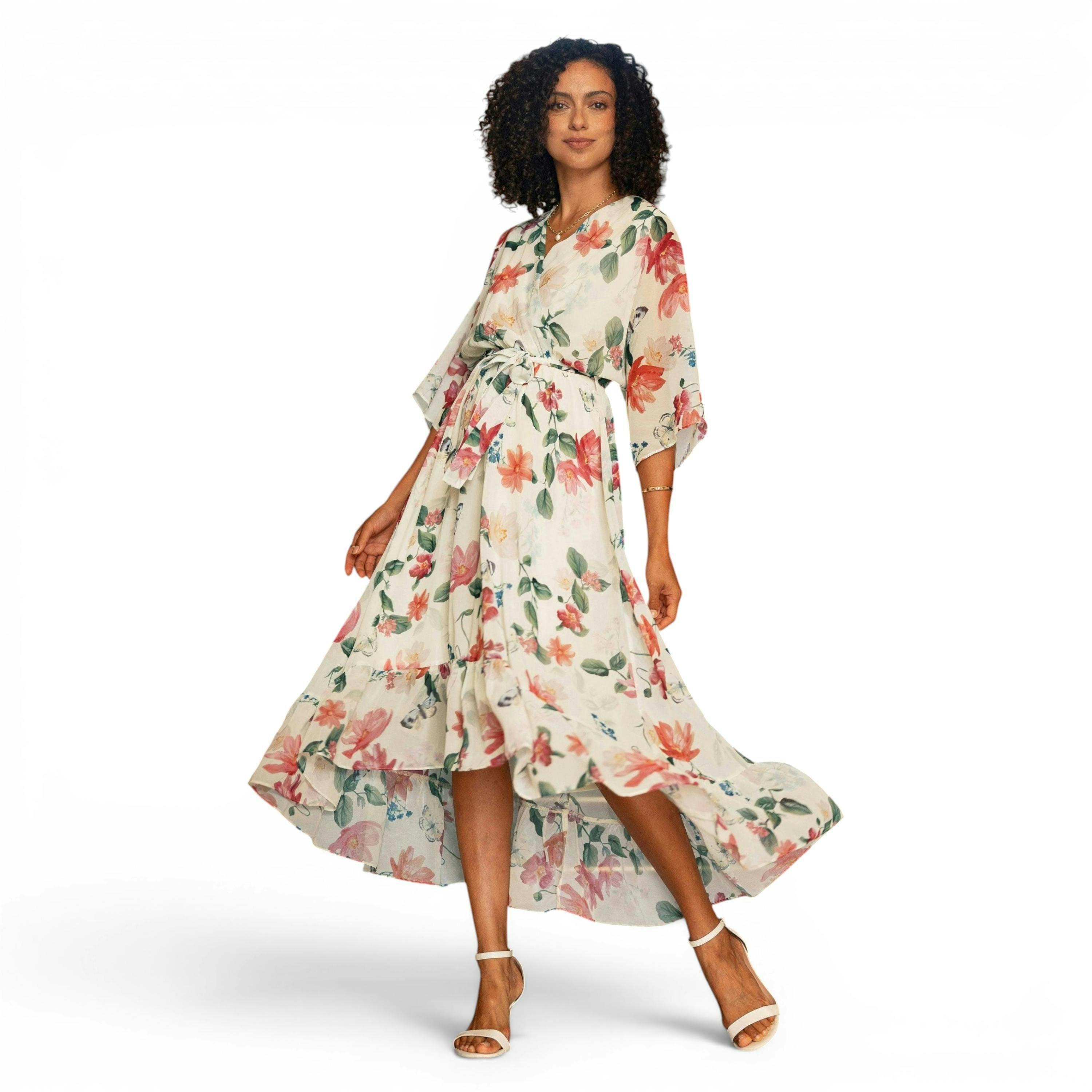 Yumi Ivory Floral Print Wrap Midi Dress With Dipped Hem , view 1 of 6