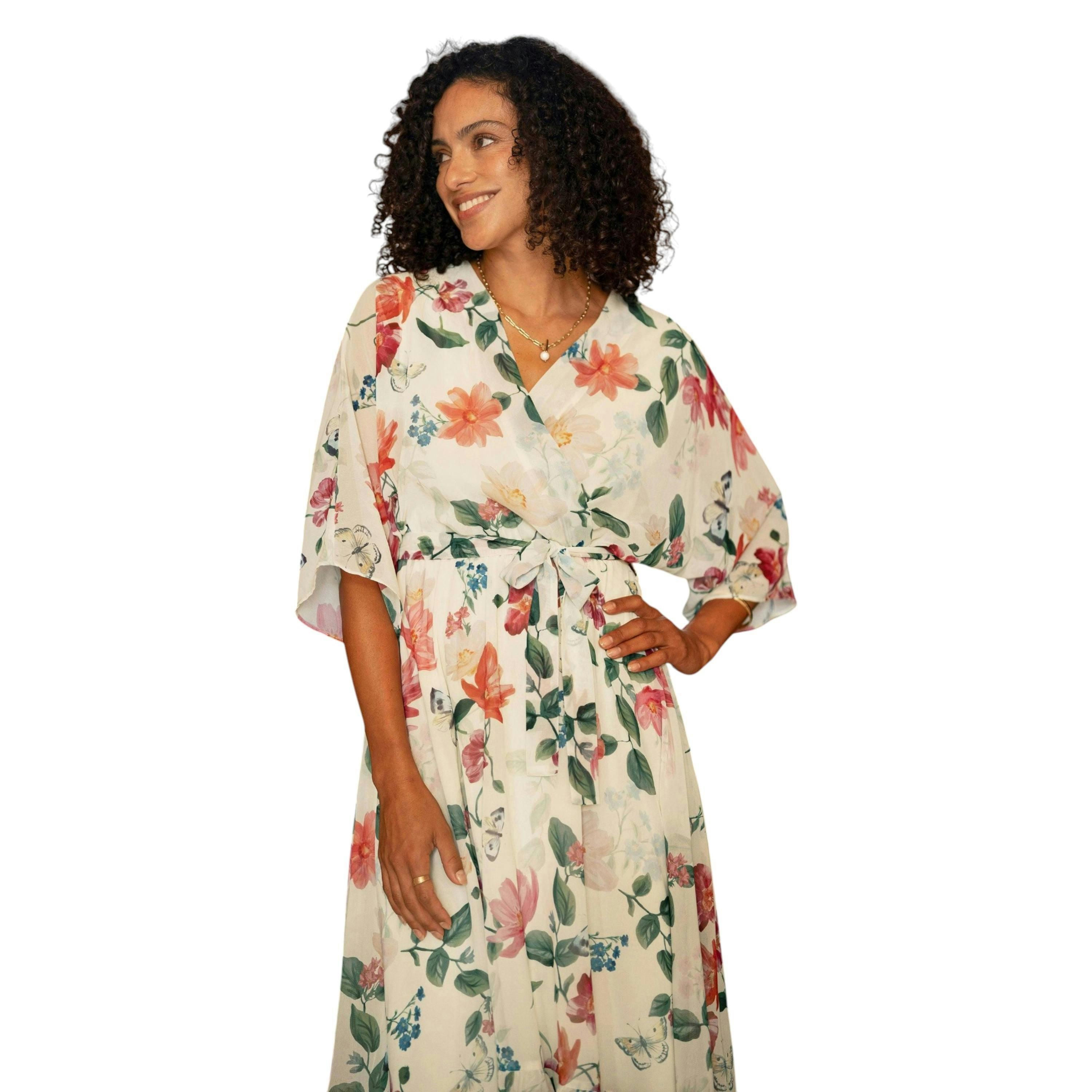 Yumi Ivory Floral Print Wrap Midi Dress With Dipped Hem , view 2 of 6
