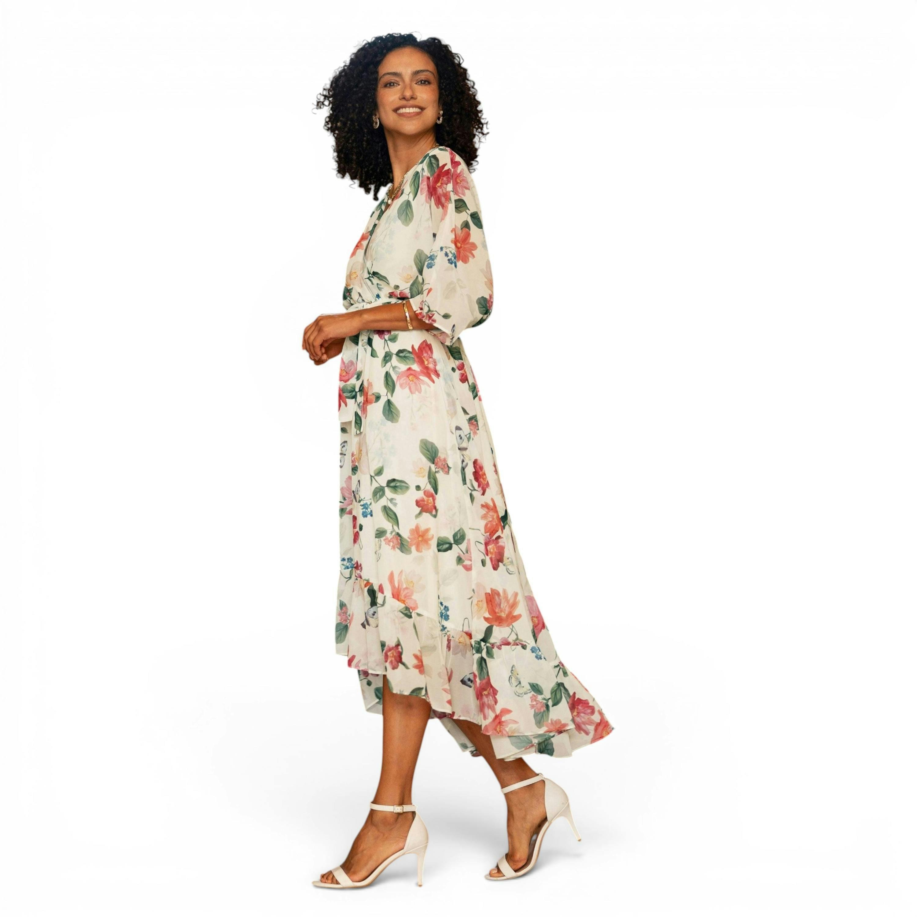 Yumi Ivory Floral Print Wrap Midi Dress With Dipped Hem , view 3 of 6