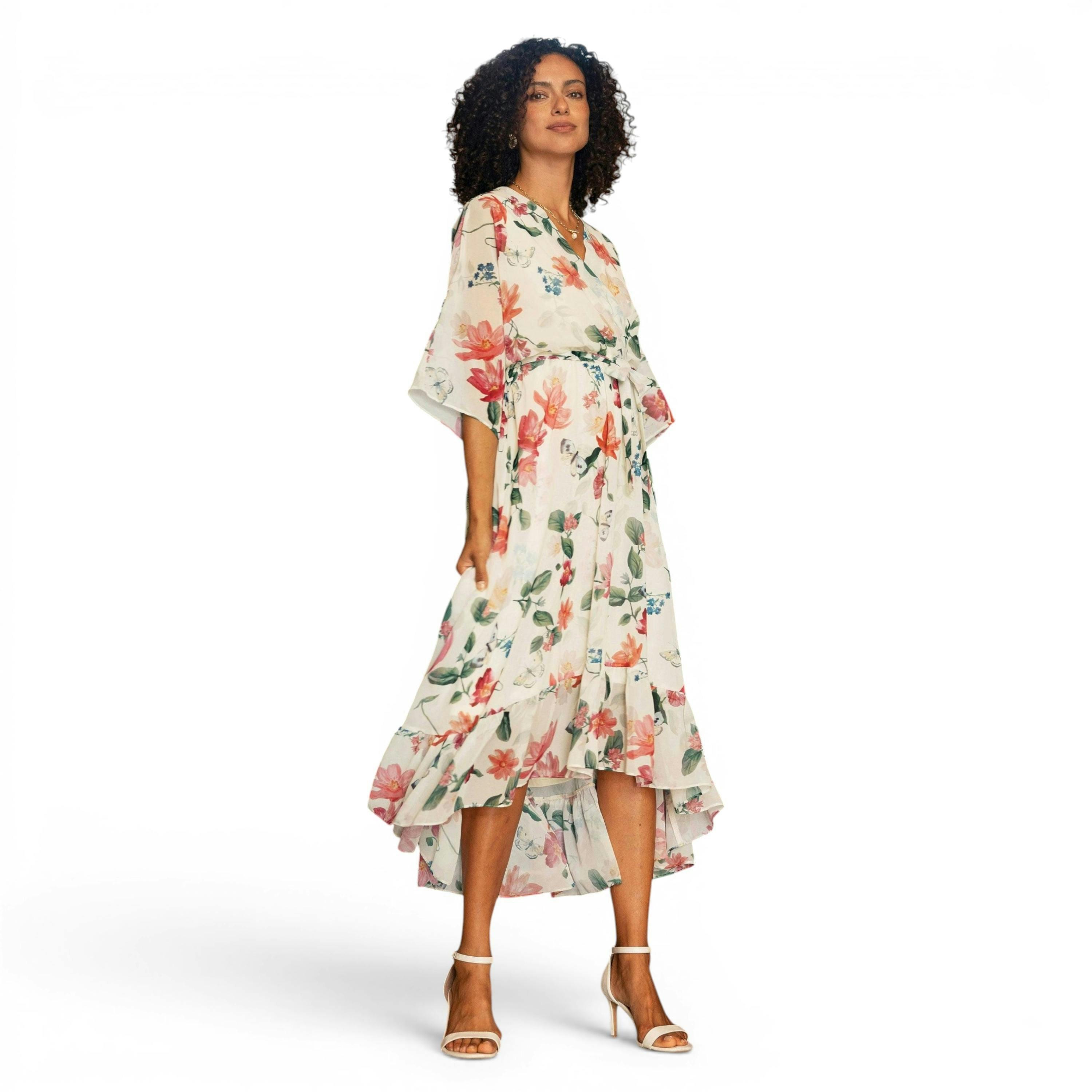 Yumi Ivory Floral Print Wrap Midi Dress With Dipped Hem , view 4 of 6