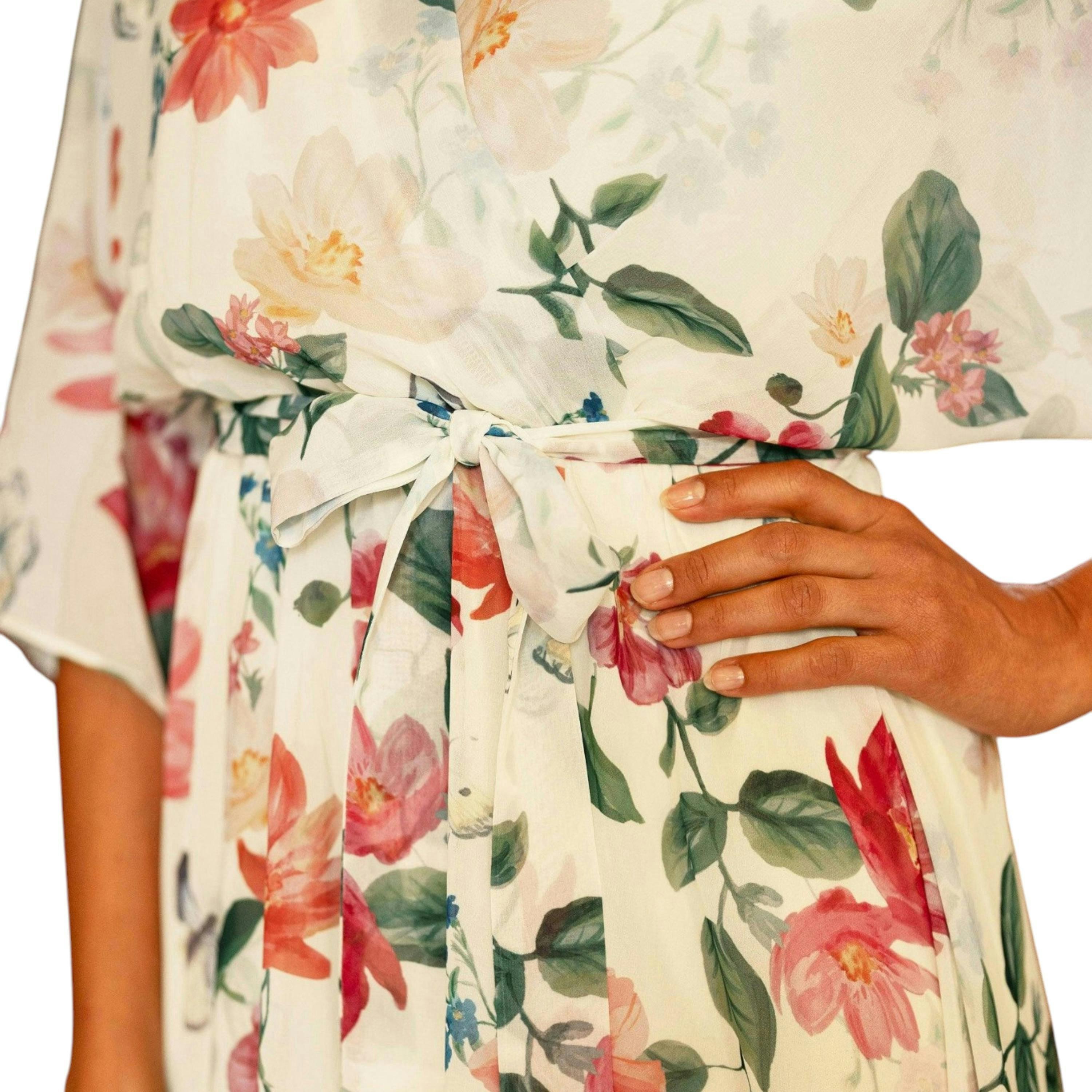 Yumi Ivory Floral Print Wrap Midi Dress With Dipped Hem , view 5 of 6