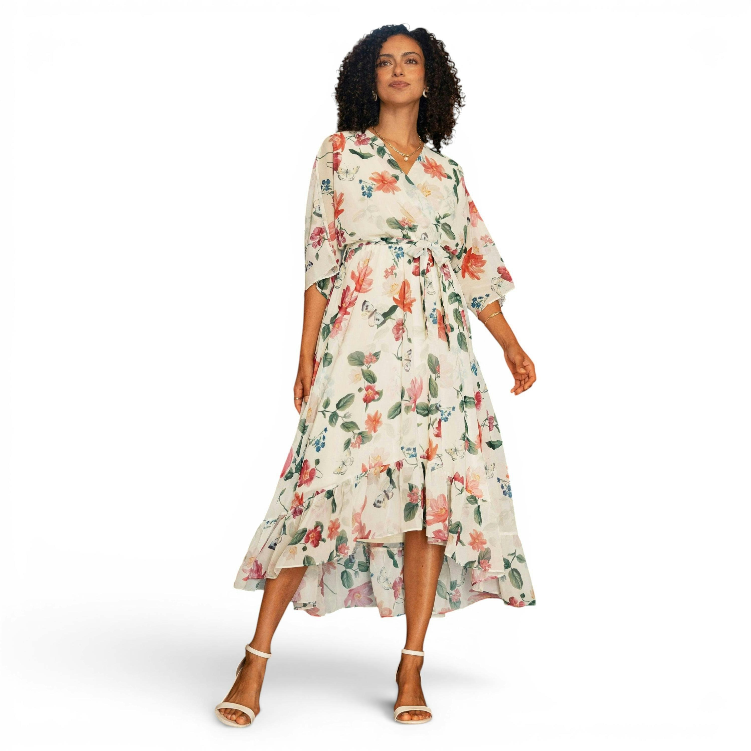 Yumi Ivory Floral Print Wrap Midi Dress With Dipped Hem , view 6 of 6