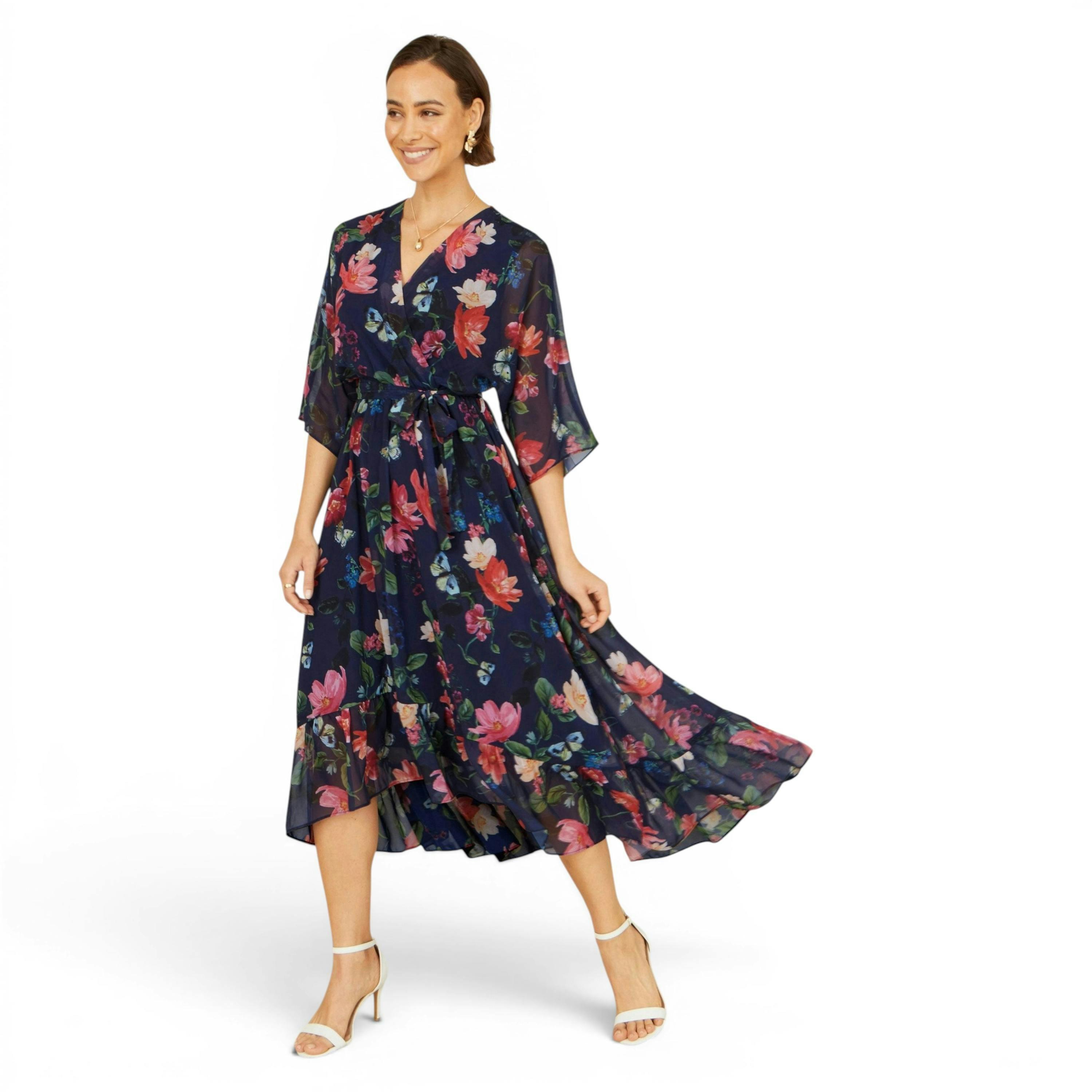 Yumi Navy Floral Kimono Wrap Dress With Dip Hem , view 1 of 6