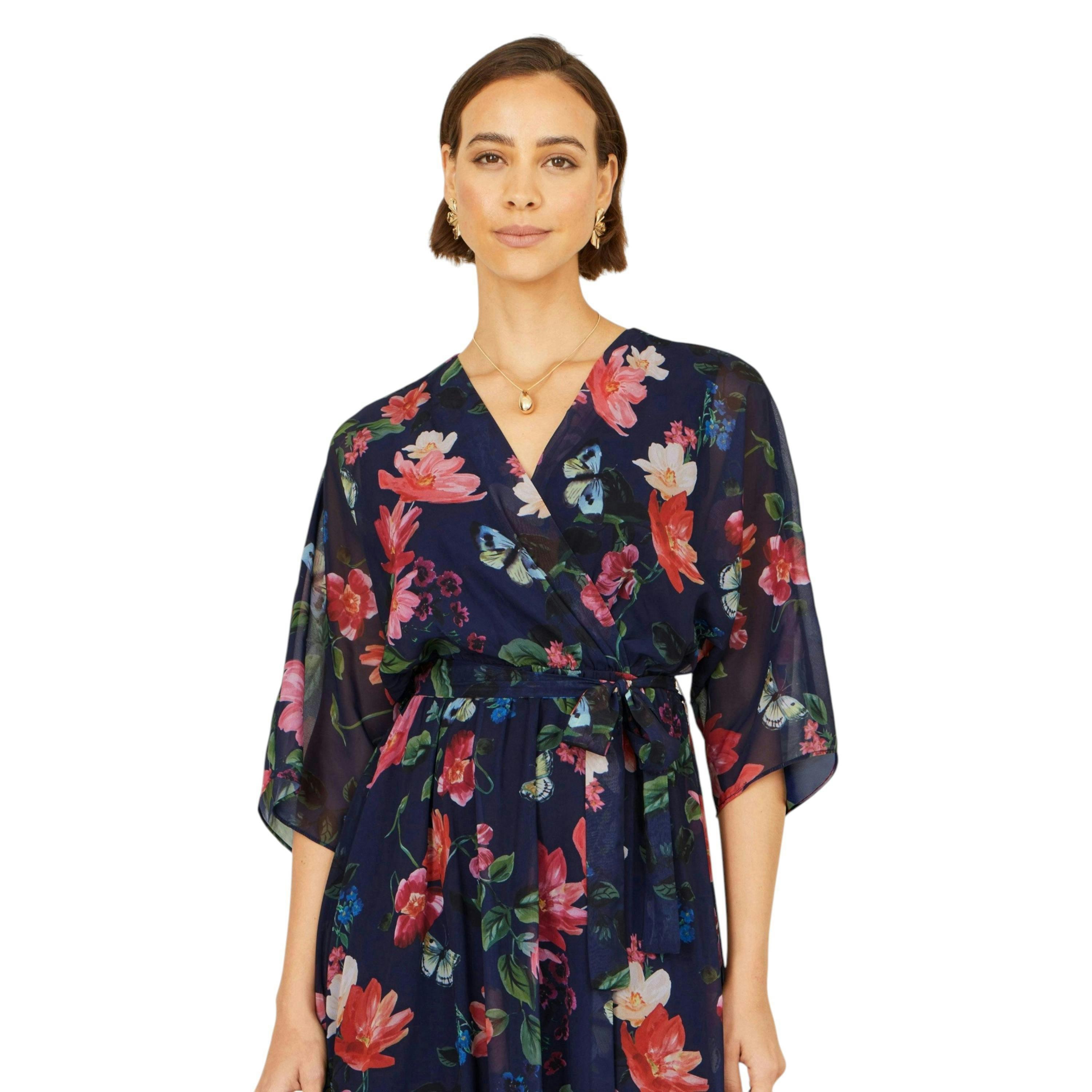 Yumi Navy Floral Kimono Wrap Dress With Dip Hem , view 2 of 6