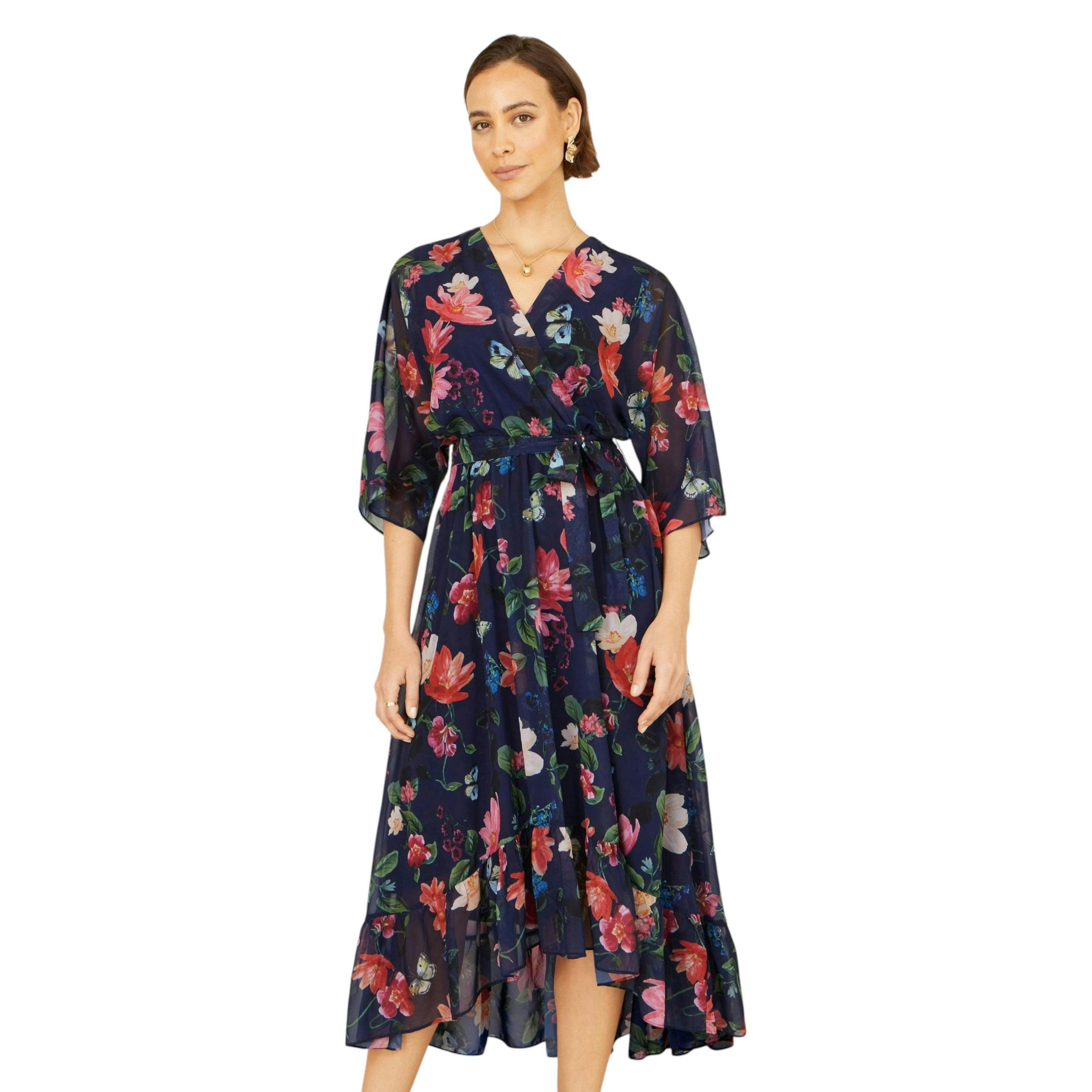 Yumi Navy Floral Kimono Wrap Dress With Dip Hem , view 3 of 6