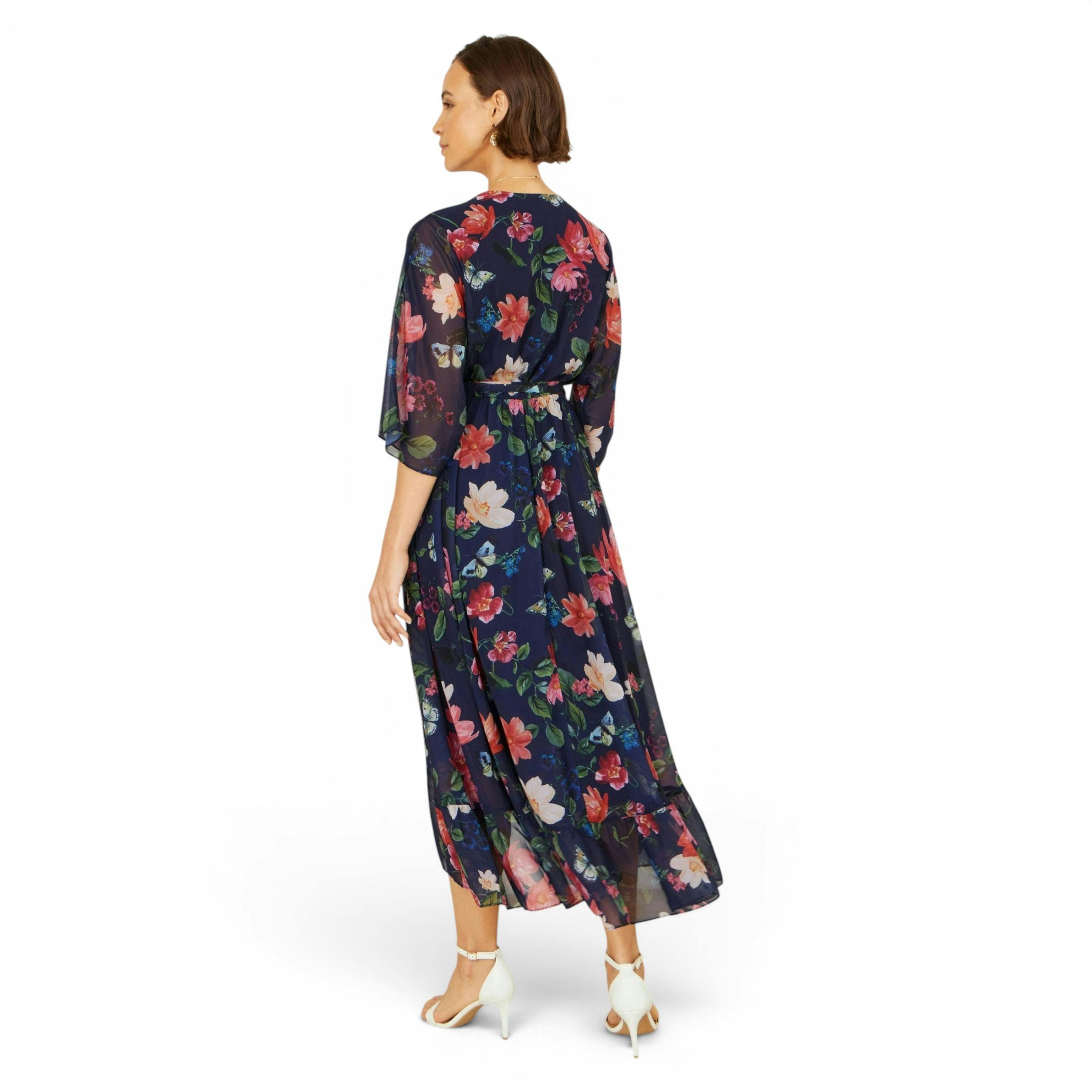 Yumi Navy Floral Kimono Wrap Dress With Dip Hem , view 4 of 6