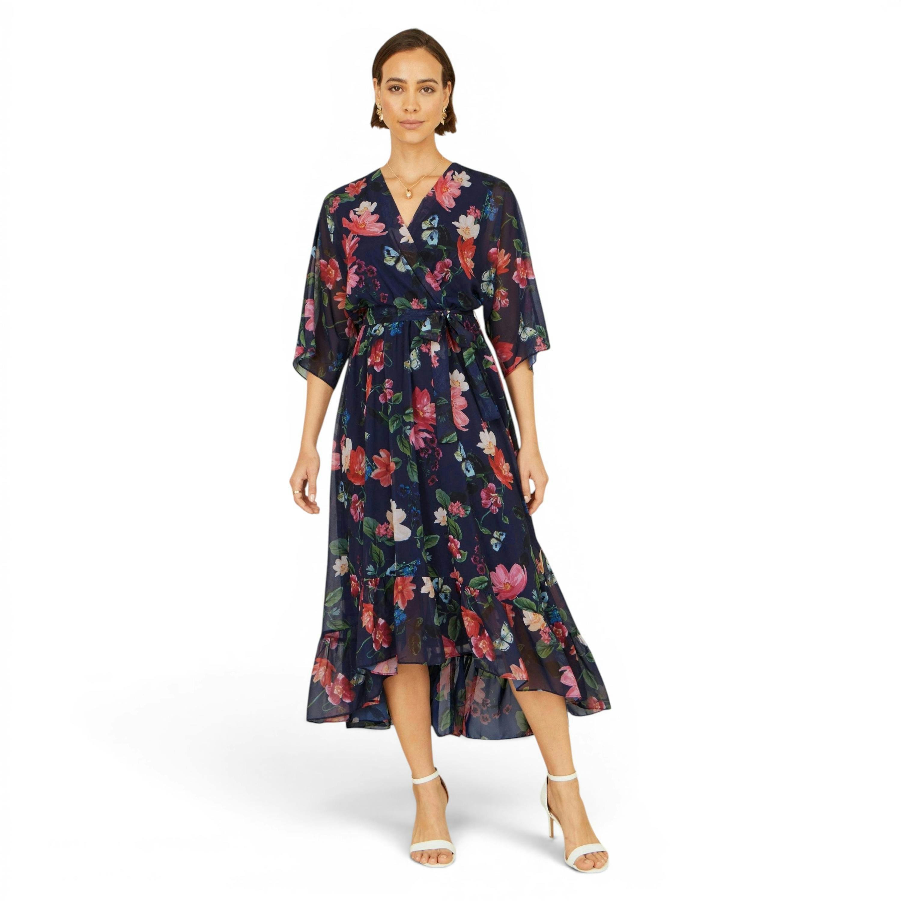 Yumi Navy Floral Kimono Wrap Dress With Dip Hem , view 5 of 6