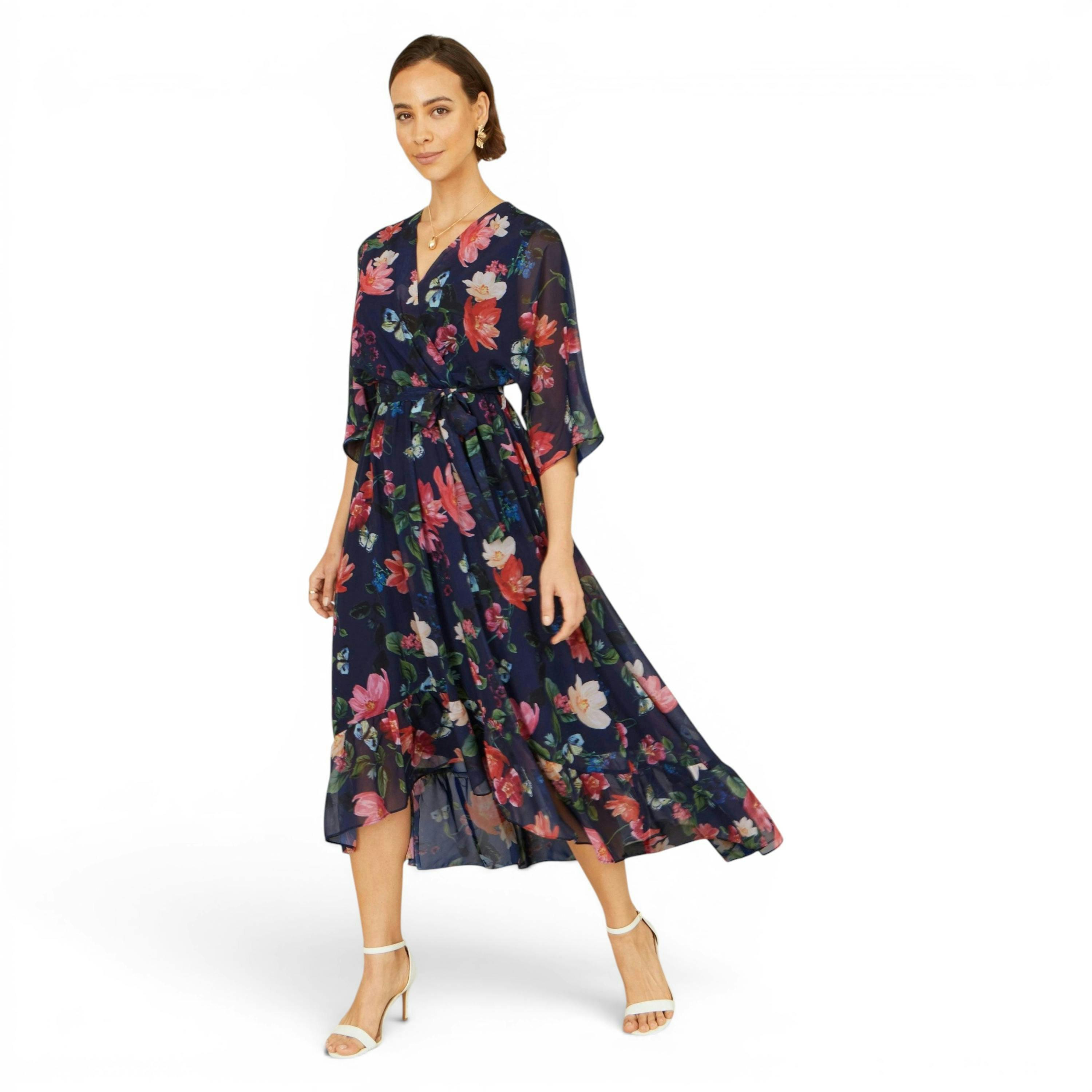 Yumi Navy Floral Kimono Wrap Dress With Dip Hem , view 6 of 6