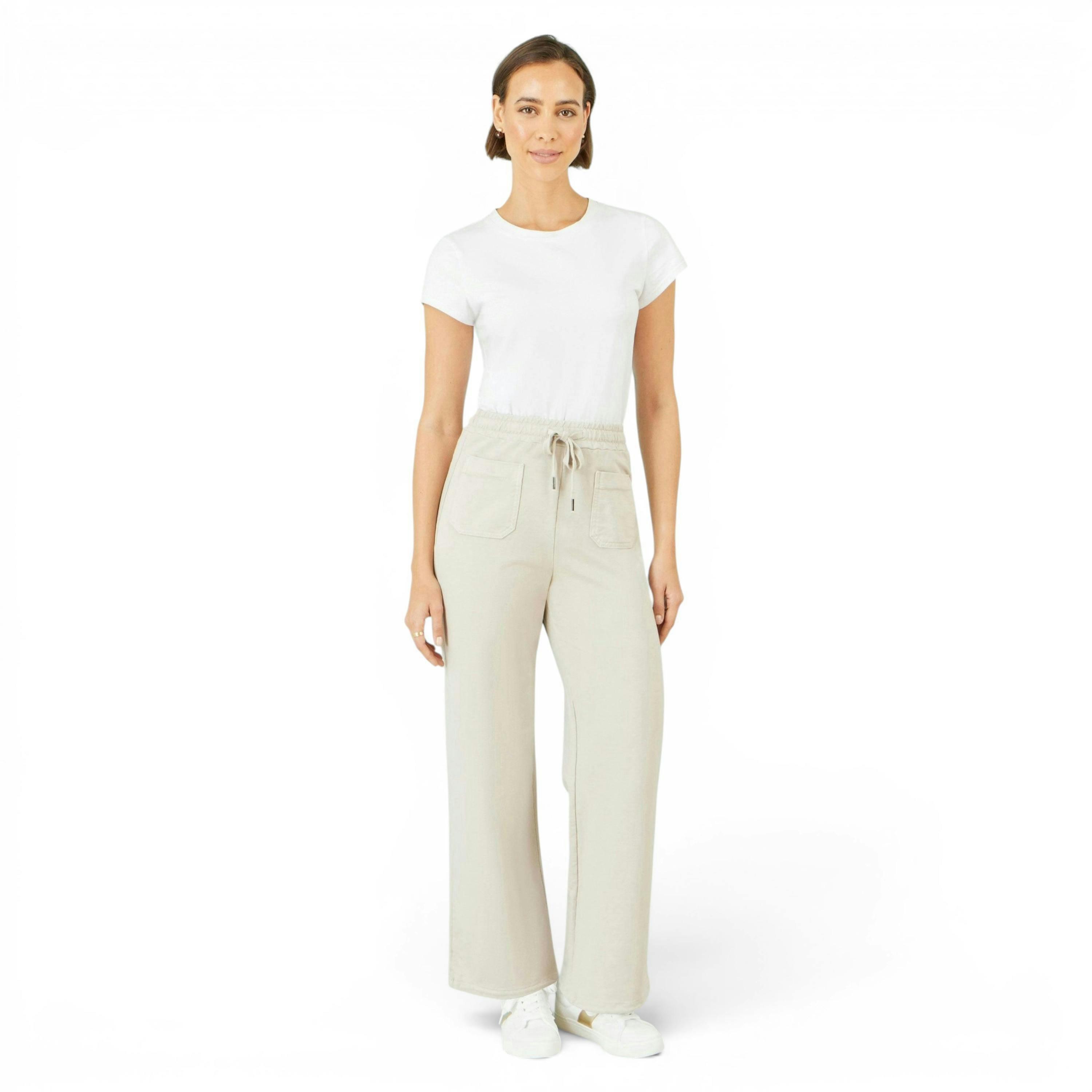 Yumi Cream Relaxed Stretch Wide Leg Trousers With Pockets , view 1 of 4