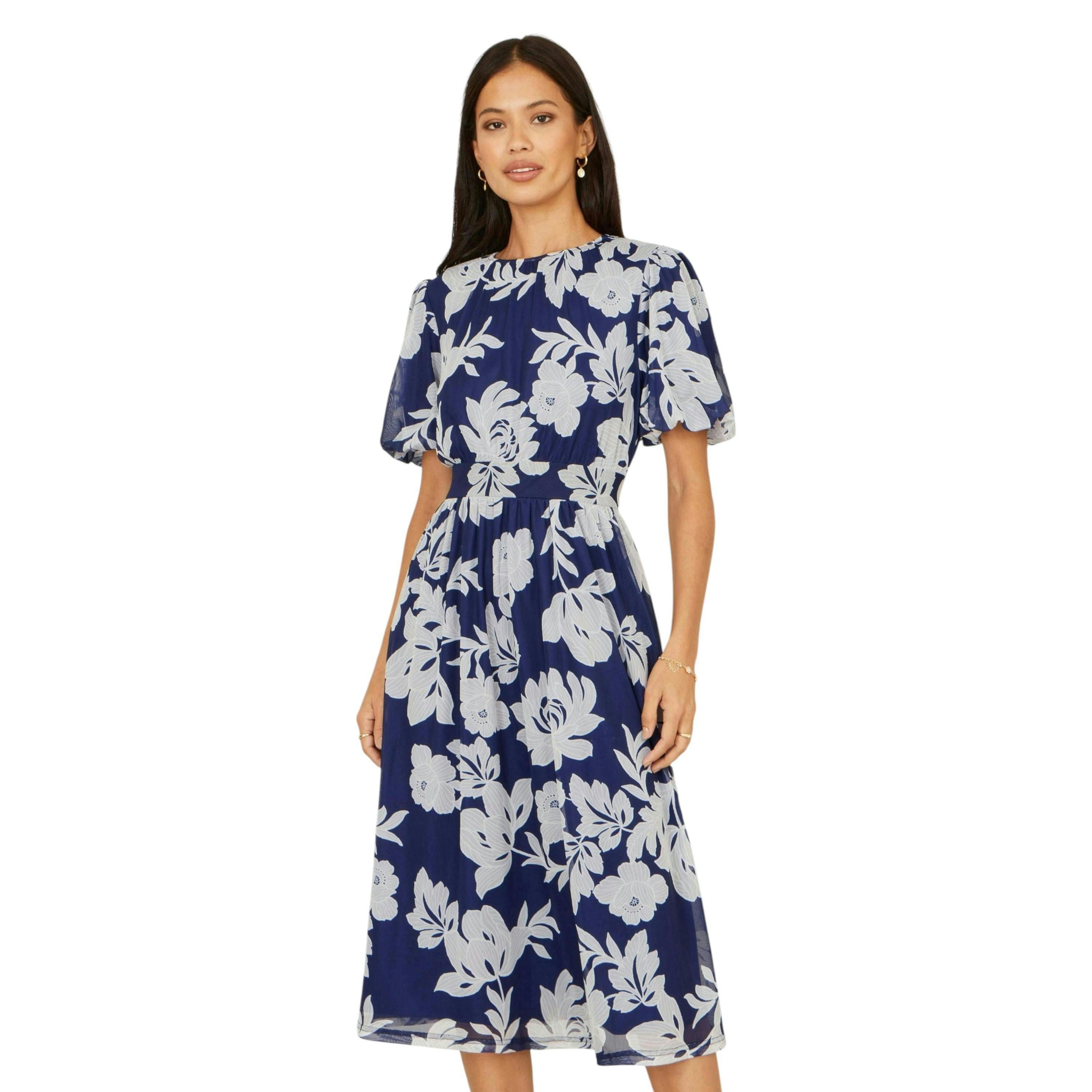 Yumi Navy Flower Stretch Mesh Midi Dress With Angel Sleeves , view 1 of 6