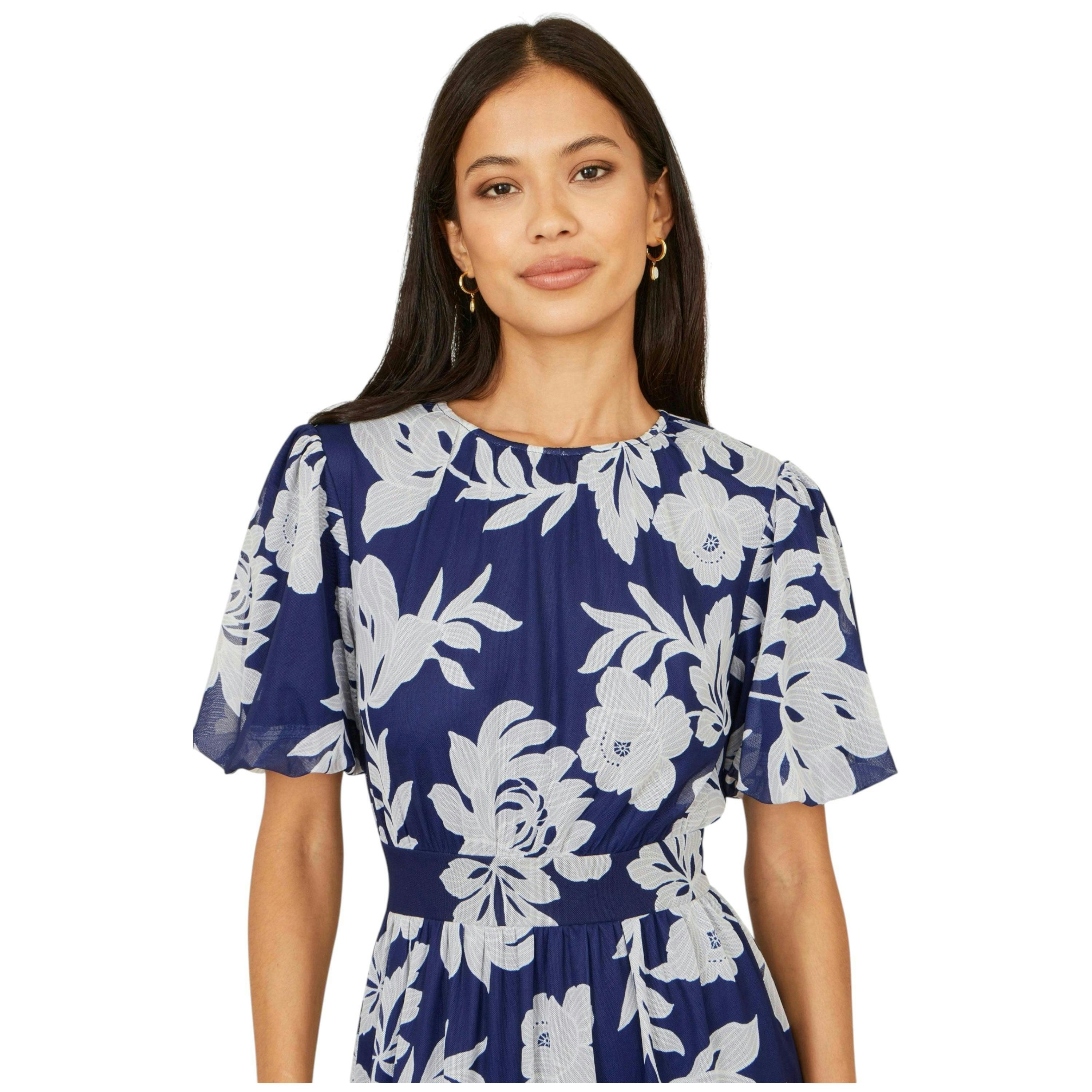 Yumi Navy Flower Stretch Mesh Midi Dress With Angel Sleeves , view 2 of 6