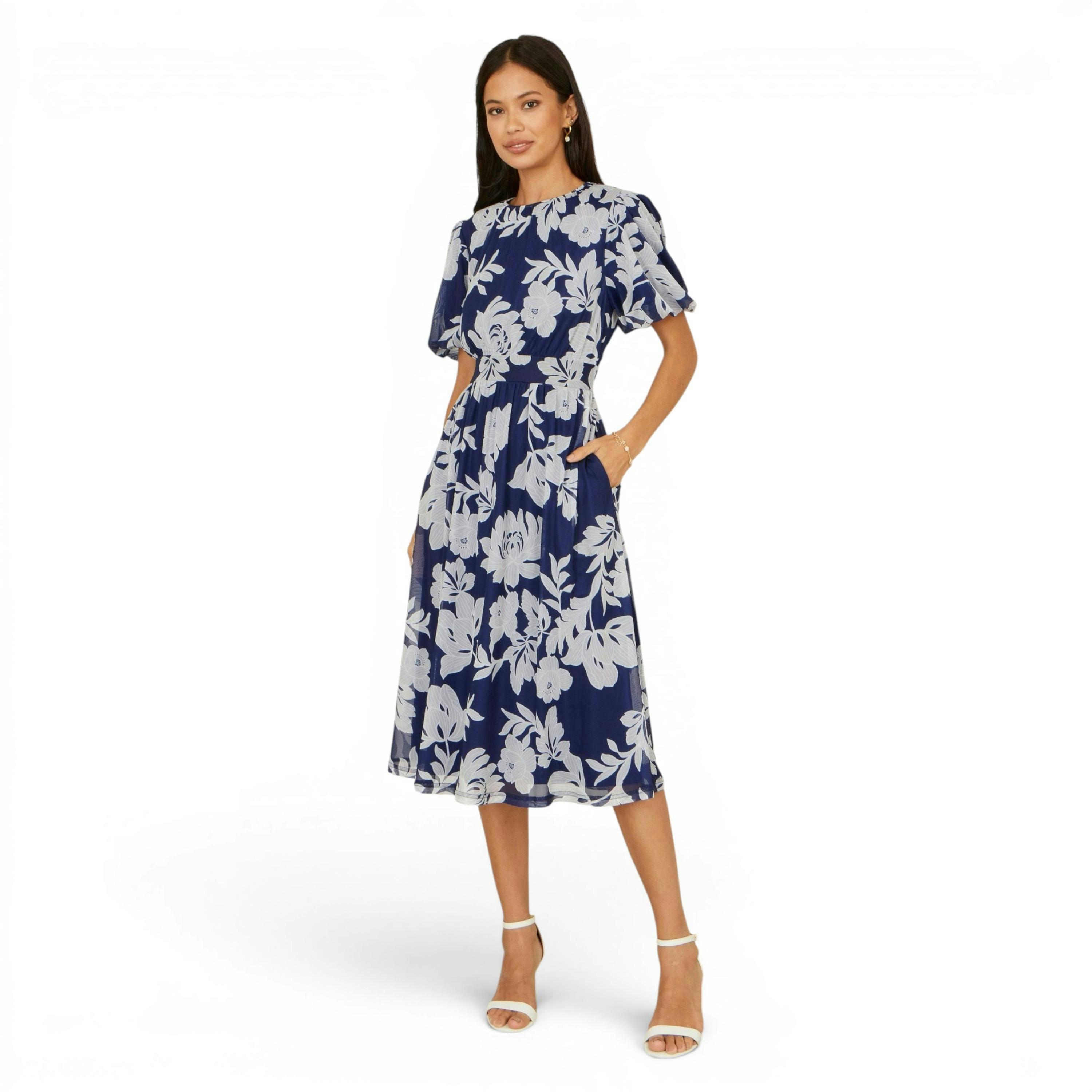Yumi Navy Flower Stretch Mesh Midi Dress With Angel Sleeves , view 3 of 6