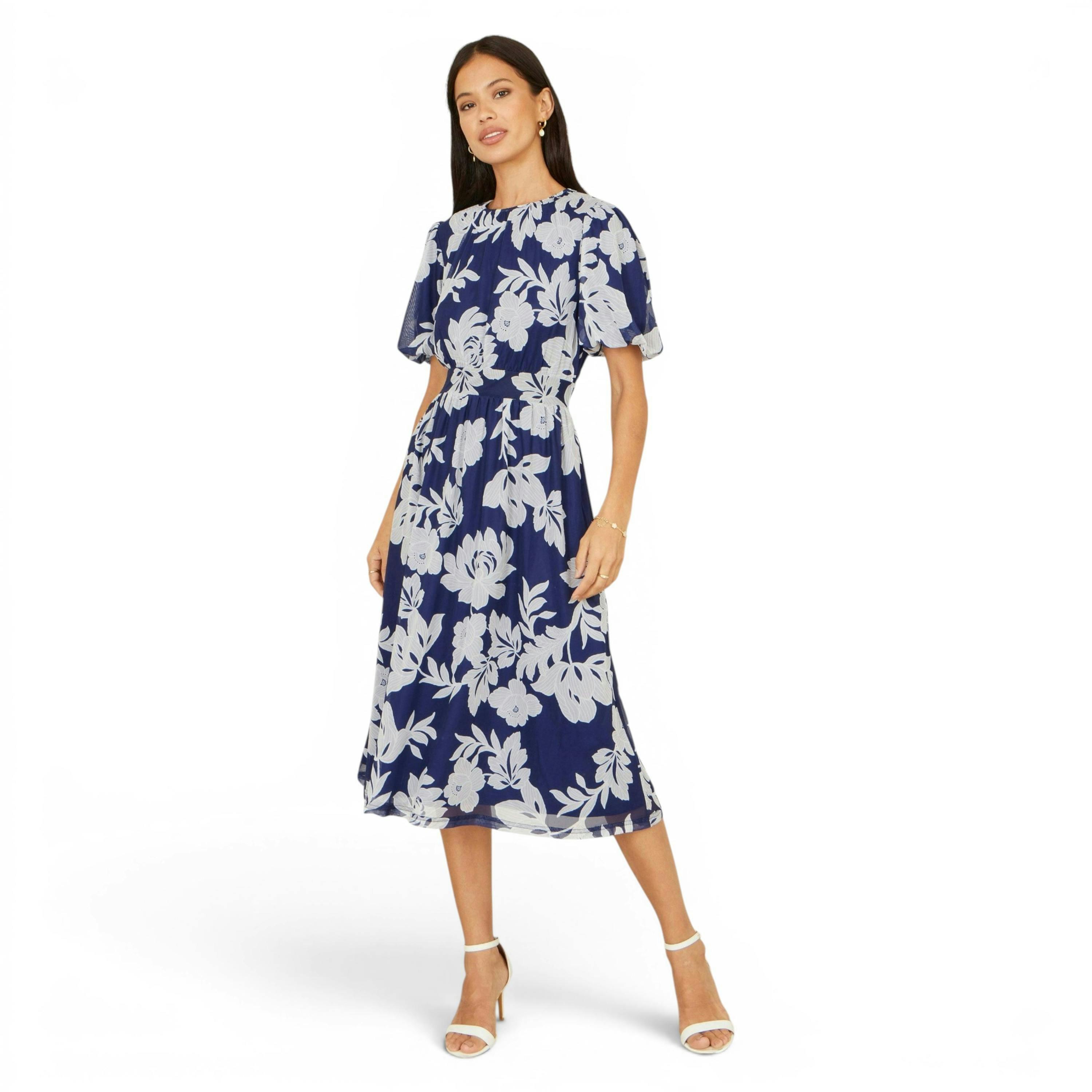 Yumi Navy Flower Stretch Mesh Midi Dress With Angel Sleeves , view 4 of 6