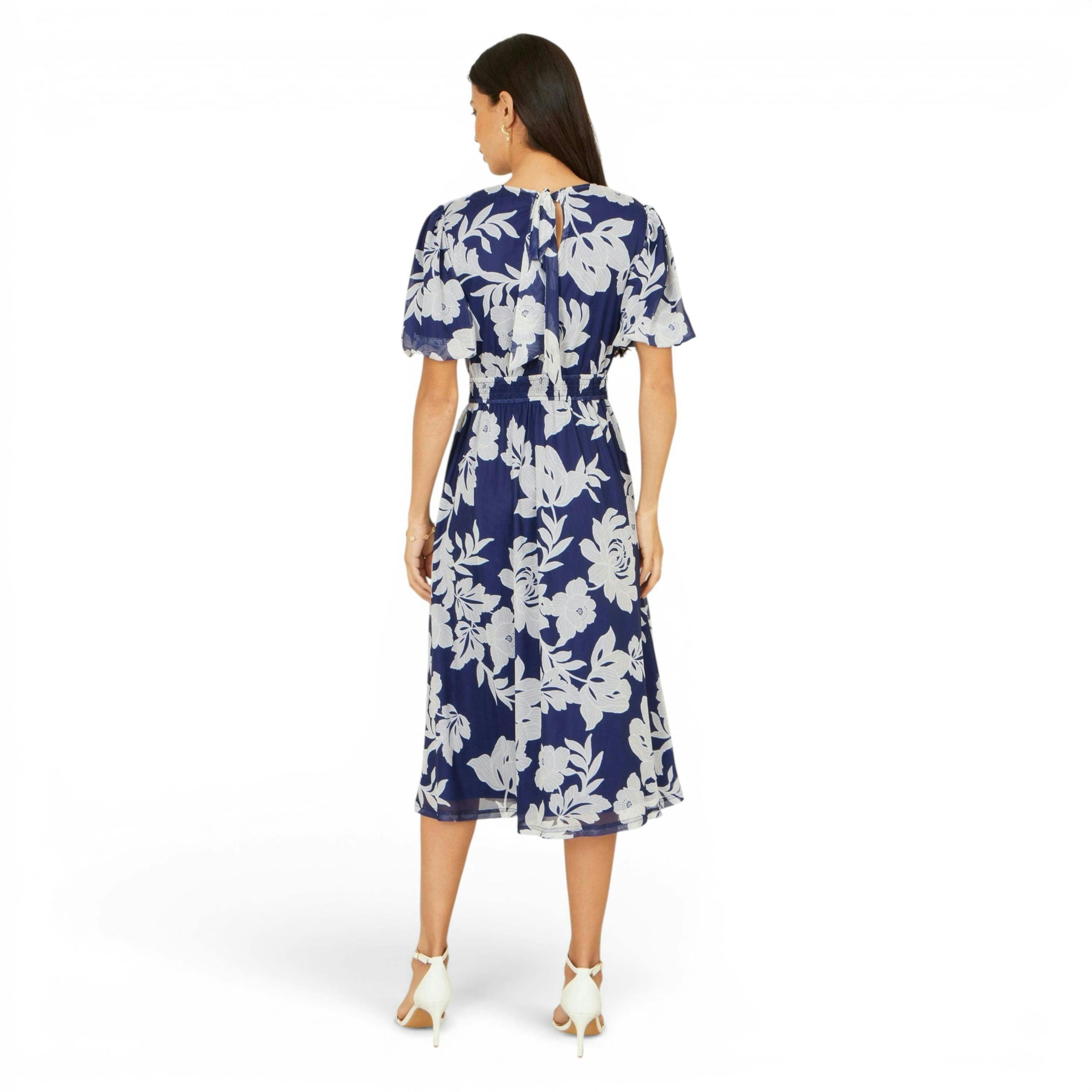 Yumi Navy Flower Stretch Mesh Midi Dress With Angel Sleeves , view 5 of 6