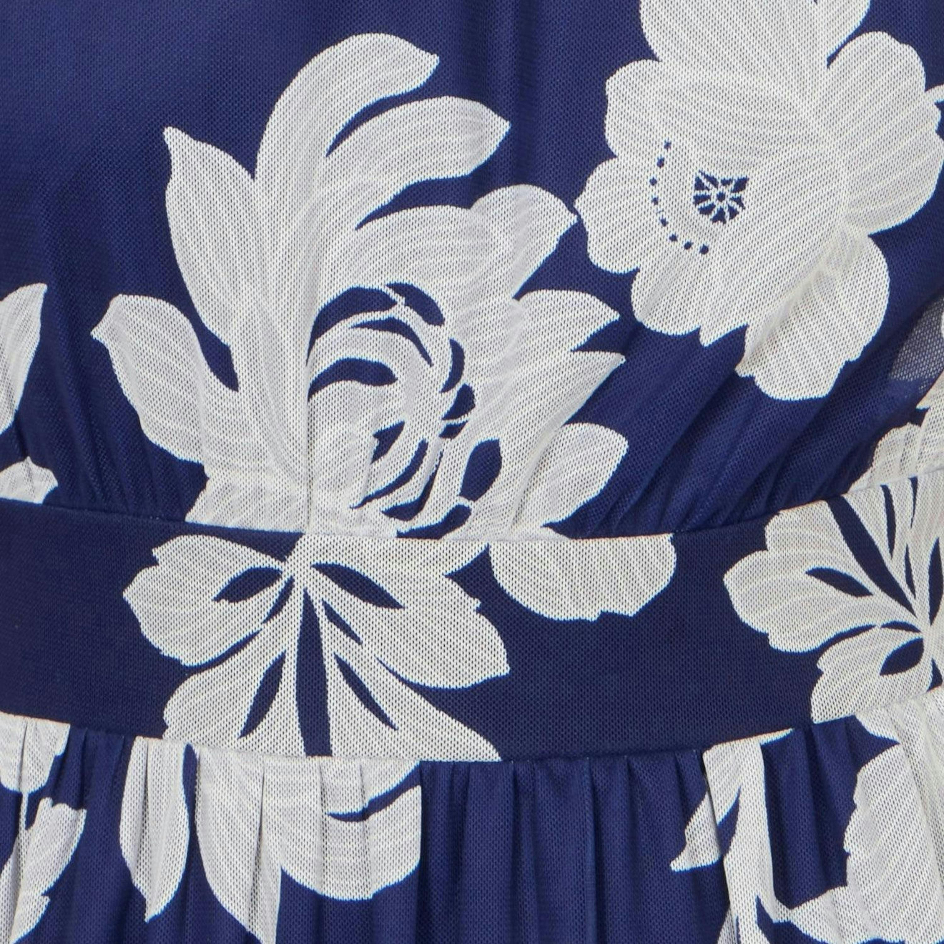 Yumi Navy Flower Stretch Mesh Midi Dress With Angel Sleeves , view 6 of 6