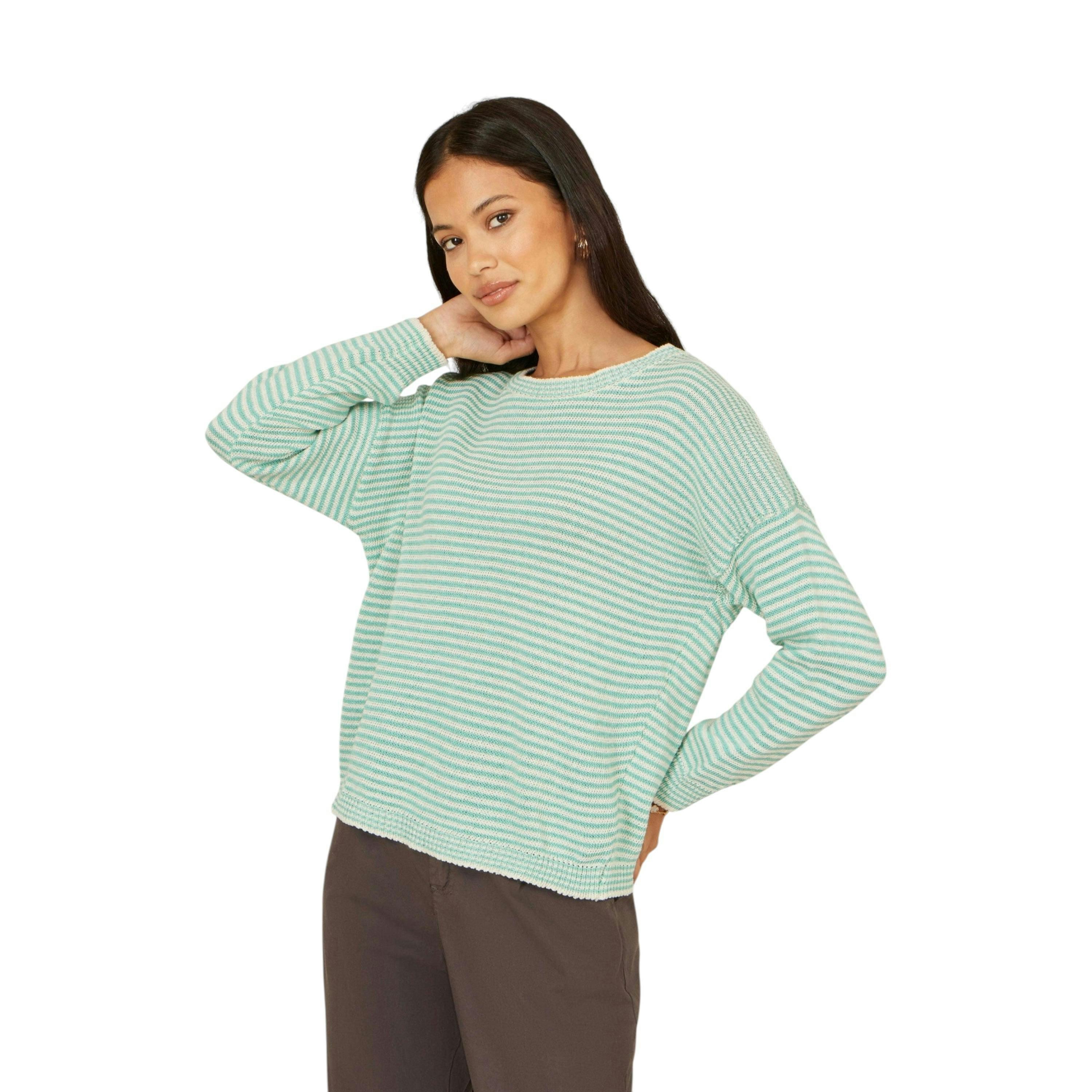 Yumi Sea Green Knitted Stripe Relaxed Jumper , view 1 of 6